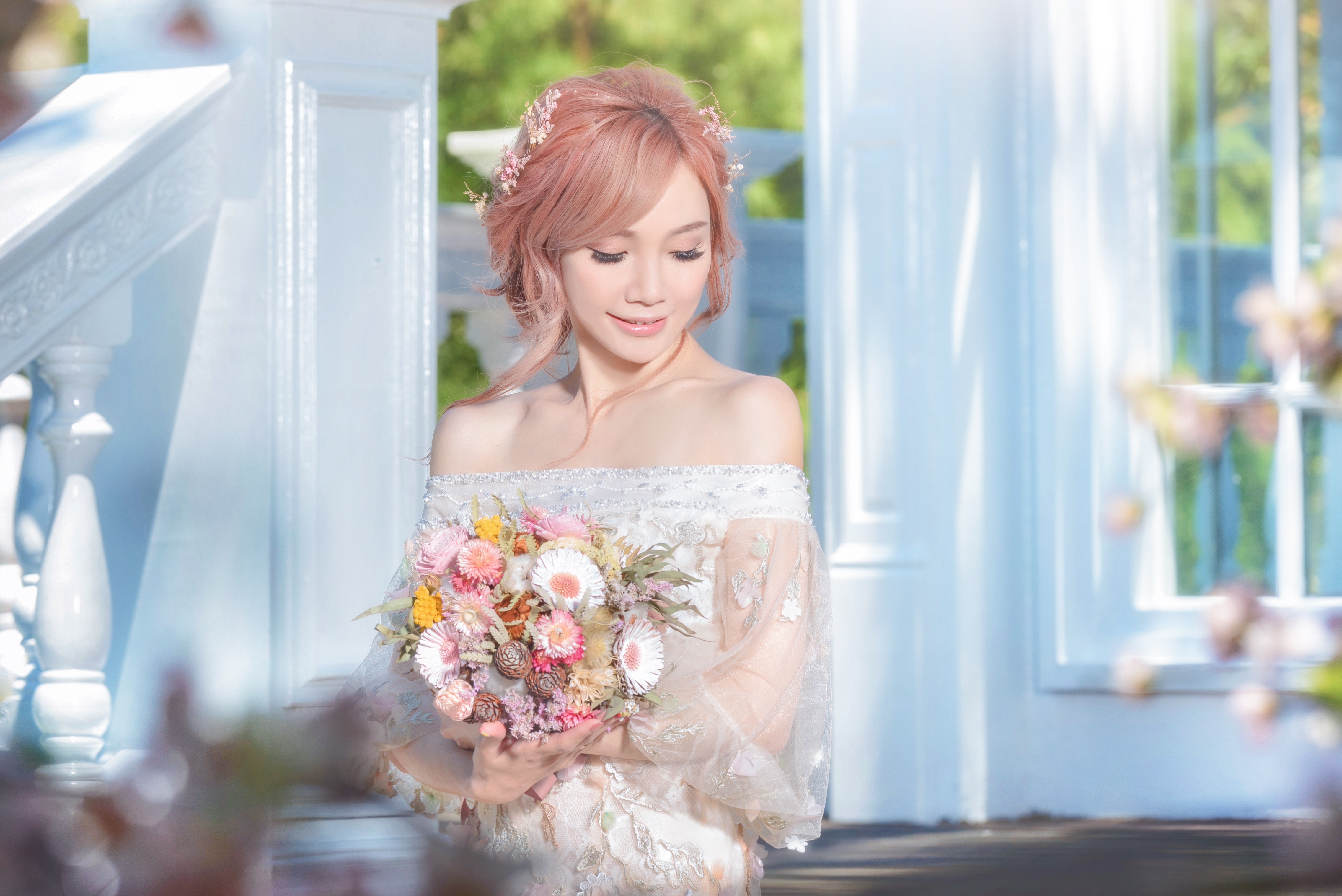 Download mobile wallpaper Bouquet, Mood, Bride, Model, Women, Pink Hair, Asian, Wedding Dress, Depth Of Field for free.