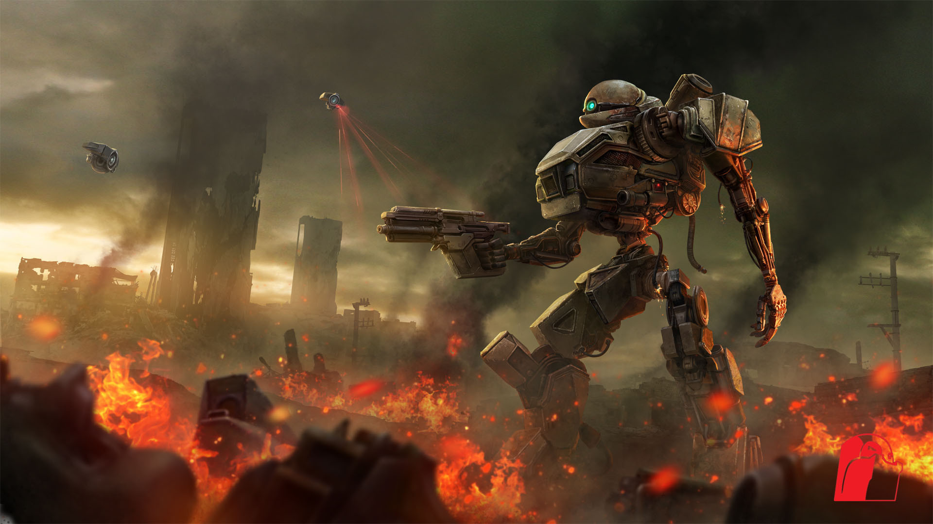 Download mobile wallpaper Fire, Weapon, Robot, Sci Fi, Drone, Futuristic, Post Apocalyptic for free.