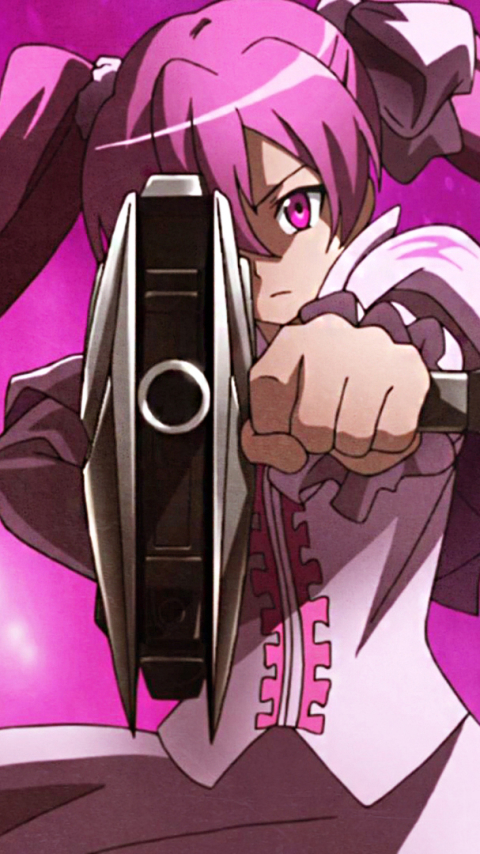 Download mobile wallpaper Anime, Weapon, Pink Hair, Gun, Long Hair, Twintails, Pink Eyes, Pink Dress, Mine (Akame Ga Kill!), Akame Ga Kill! for free.