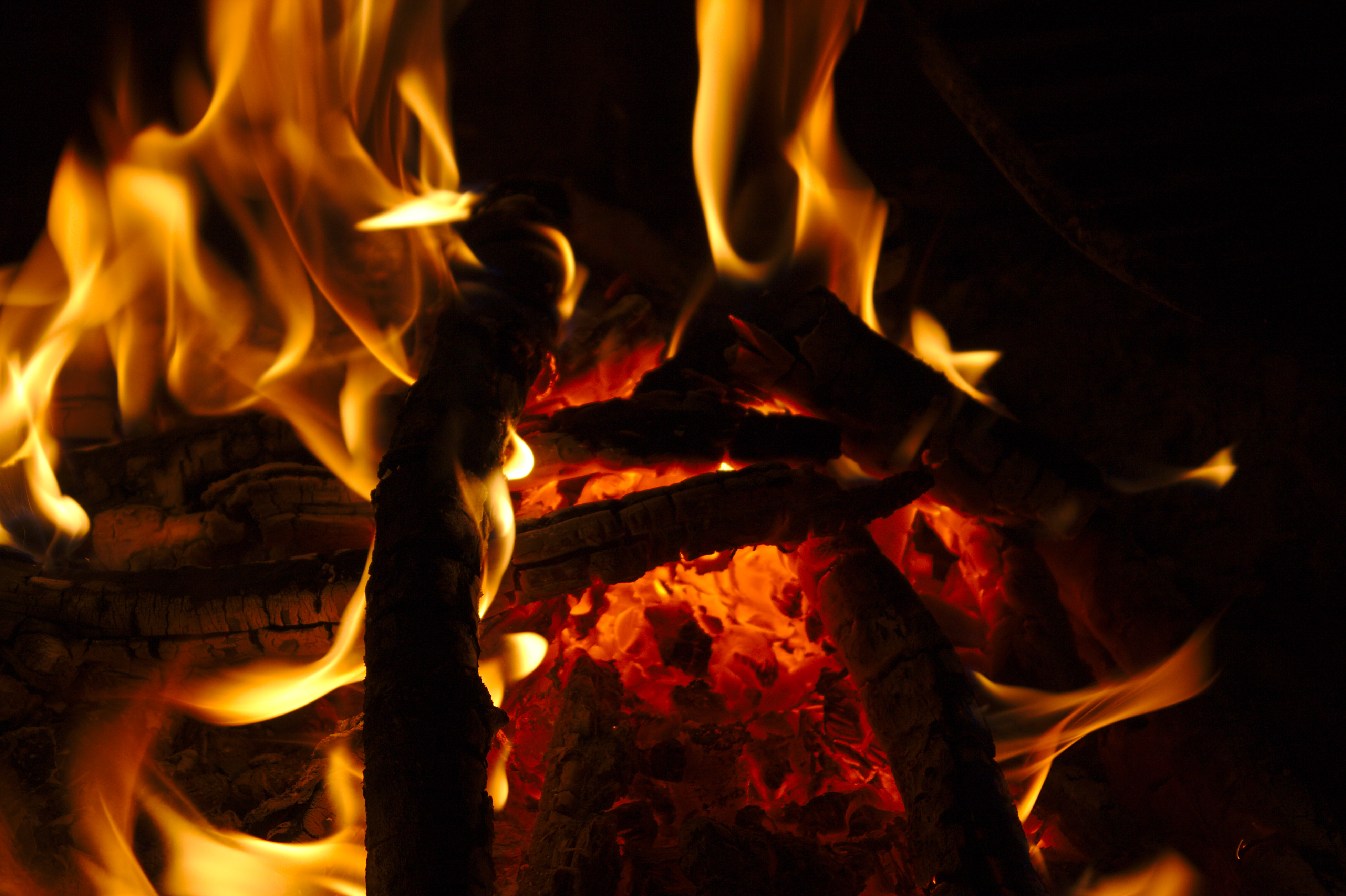 firewood, fire, bonfire, coals, dark, flame mobile wallpaper