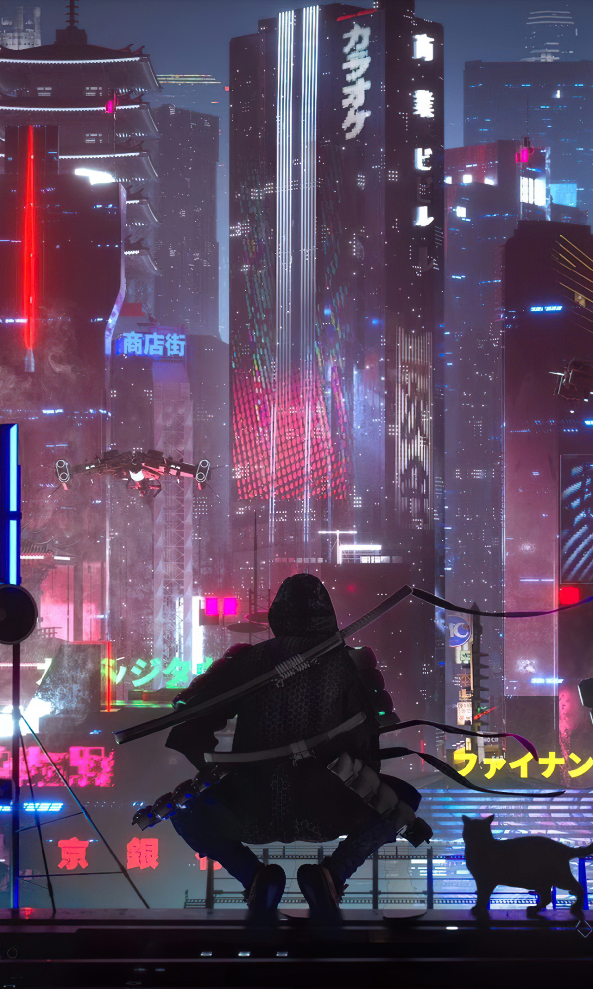 Download mobile wallpaper City, Skyscraper, Cat, Cyberpunk, Sci Fi, Futuristic for free.