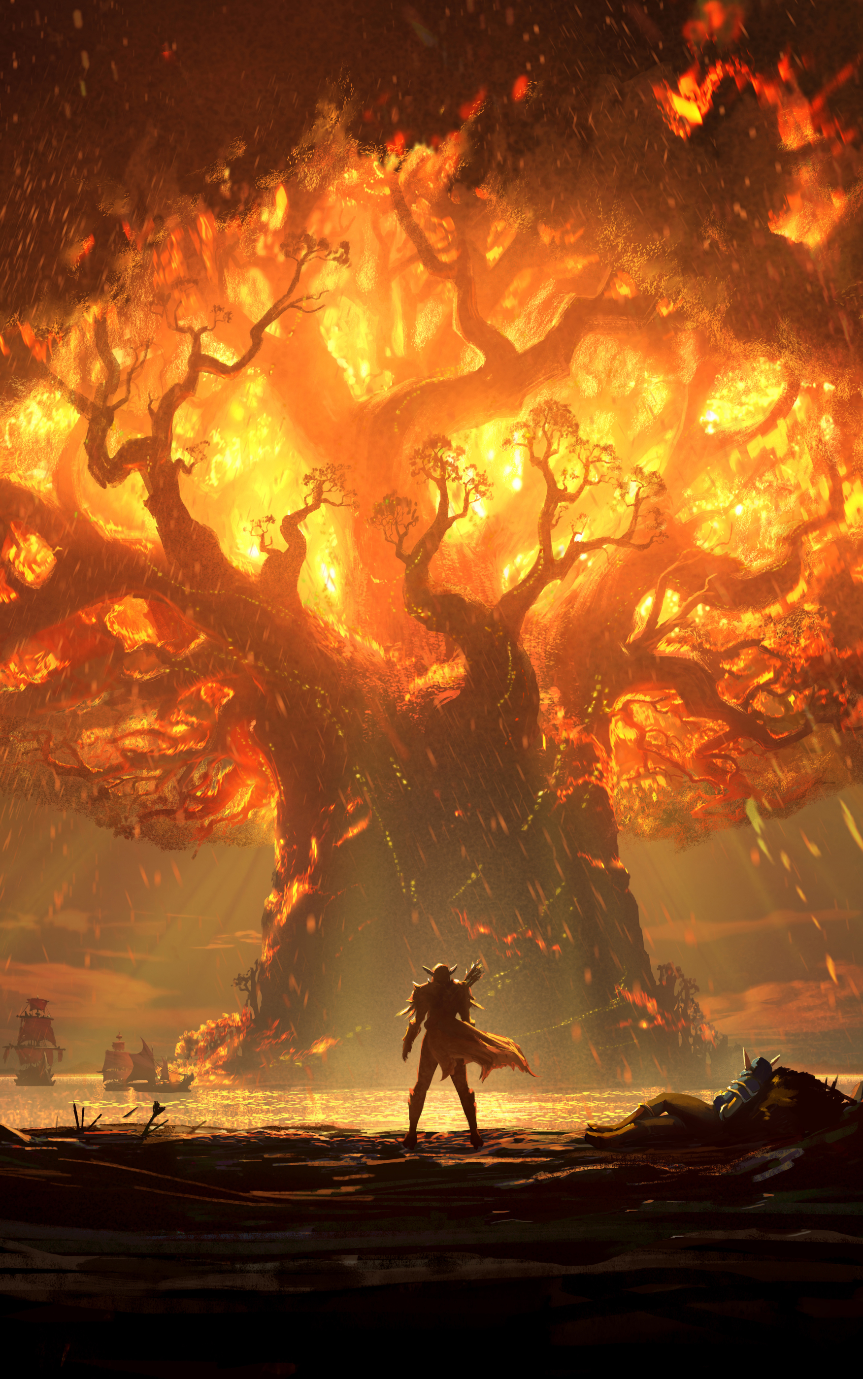 Download mobile wallpaper Fire, Tree, Warrior, Video Game, World Of Warcraft, World Of Warcraft: Battle For Azeroth for free.
