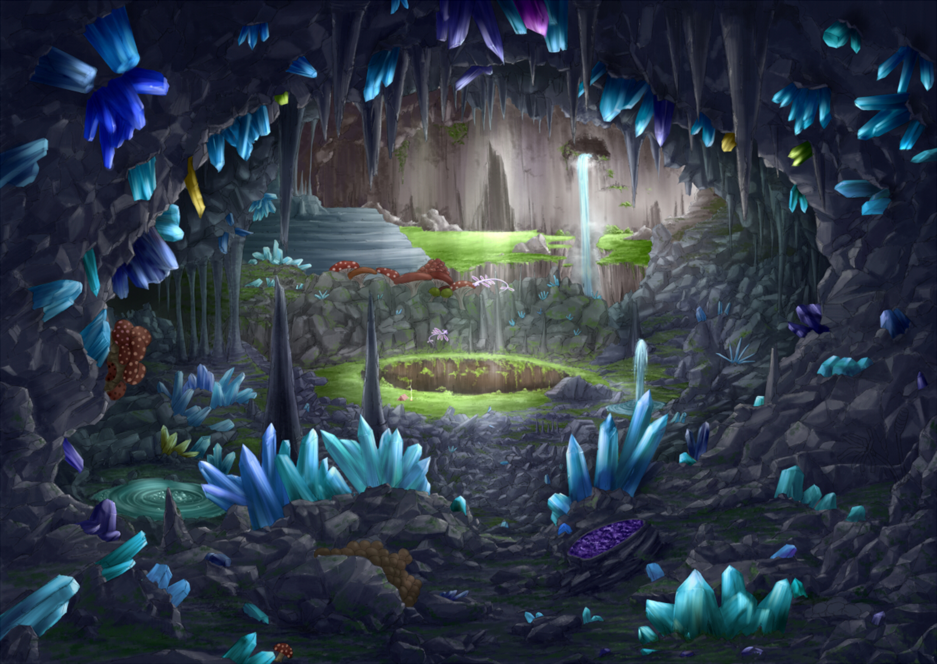 Laden Sie das Wasserfall, Pilz, Höhle, Kristall, Original, Animes-Bild kostenlos auf Ihren PC-Desktop herunter