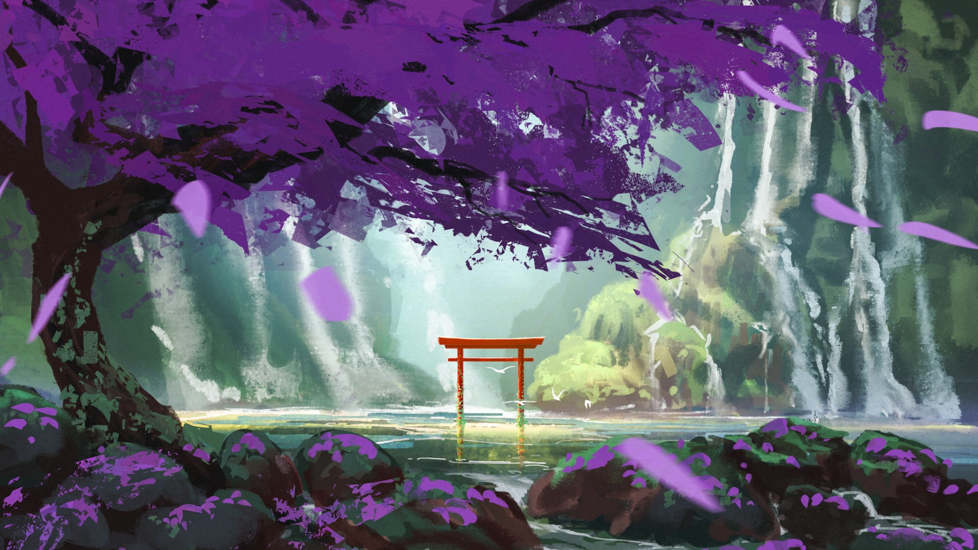 Free download wallpaper Landscape, Waterfall, Tree, Artistic, Torii on your PC desktop