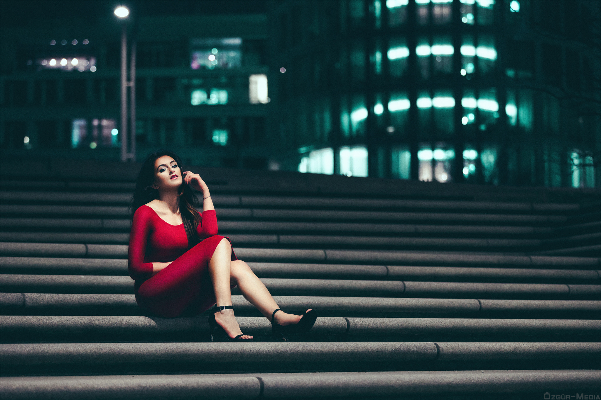 Download mobile wallpaper Night, Stairs, Brunette, Model, Women, High Heels, Lipstick, Red Dress for free.