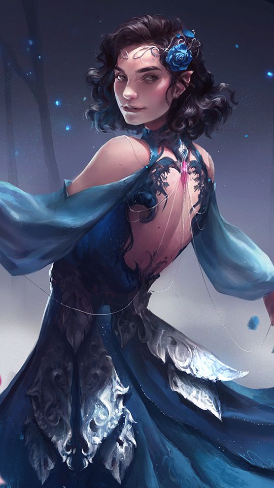 Download mobile wallpaper Fantasy, Elf, Black Hair, Short Hair, Blue Dress for free.