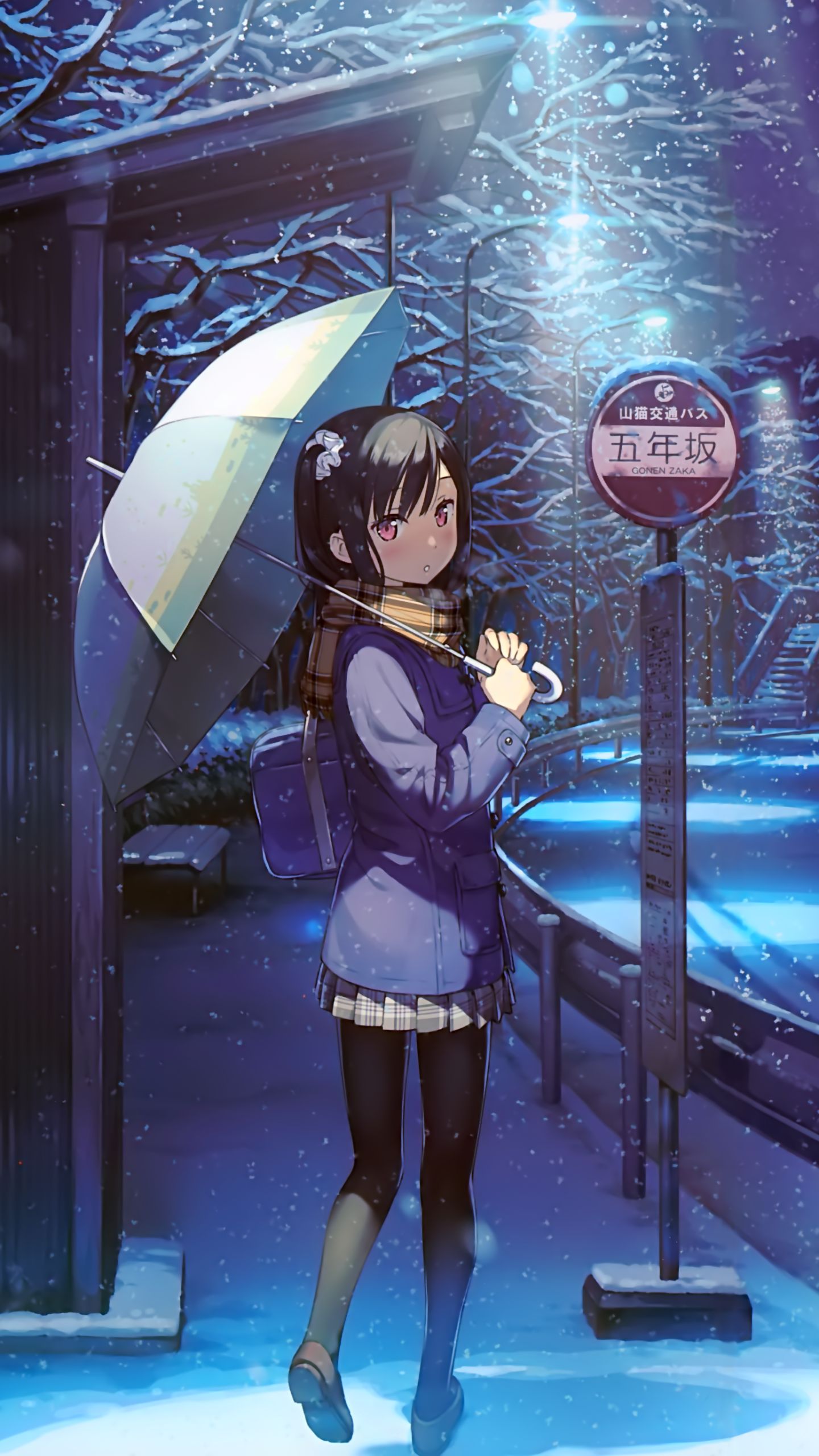 1352188 Hintergrundbild herunterladen animes, winter, tasche, schnee, schneefall, regenschirm, schal, braune haare, bushaltestelle, kurzes haar, nacht - Bildschirmschoner und Bilder kostenlos