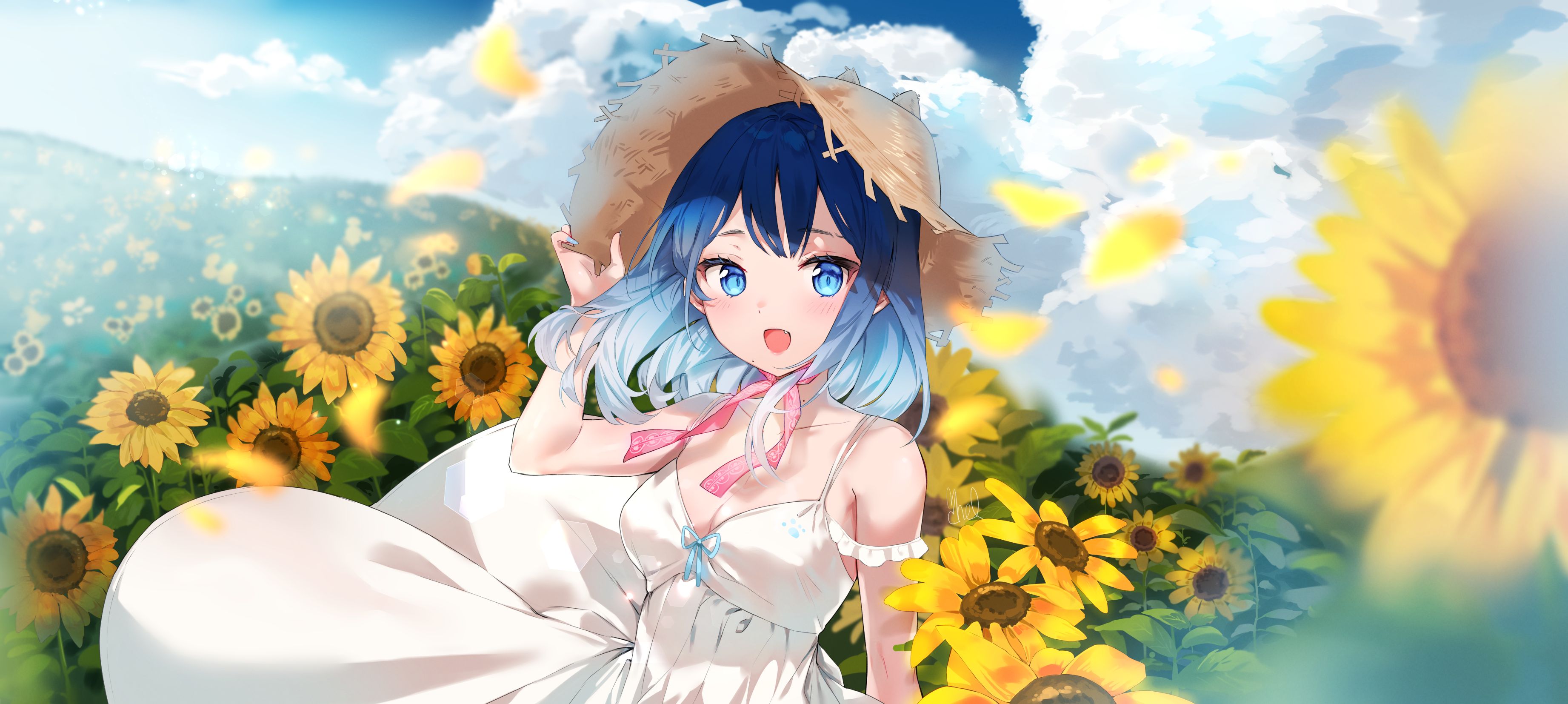 Laden Sie das Mädchen, Sonnenblume, Hut, Blaue Augen, Blaue Haare, Animes, Kurzes Haar-Bild kostenlos auf Ihren PC-Desktop herunter