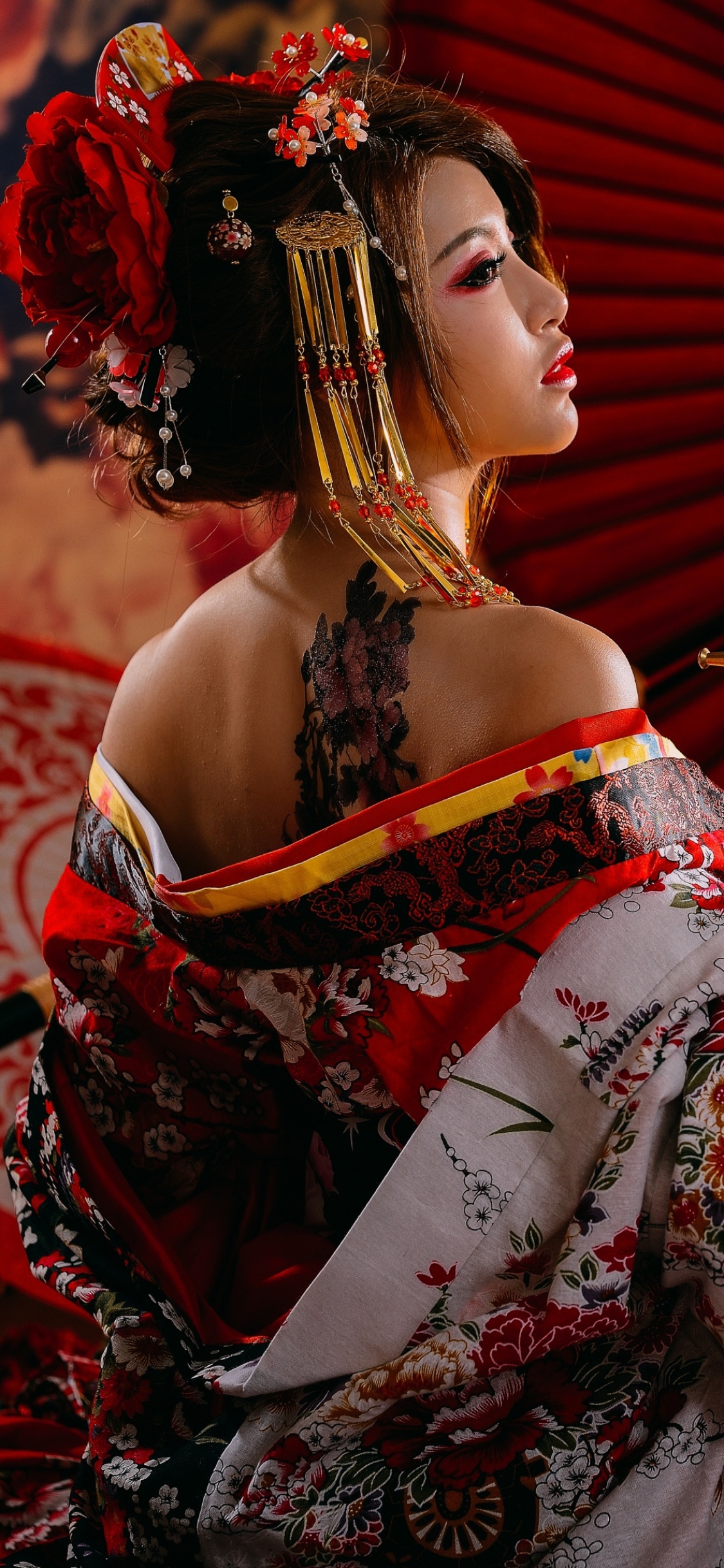 Download mobile wallpaper Tattoo, Umbrella, Kimono, Brunette, Model, Women, Asian, Lipstick for free.