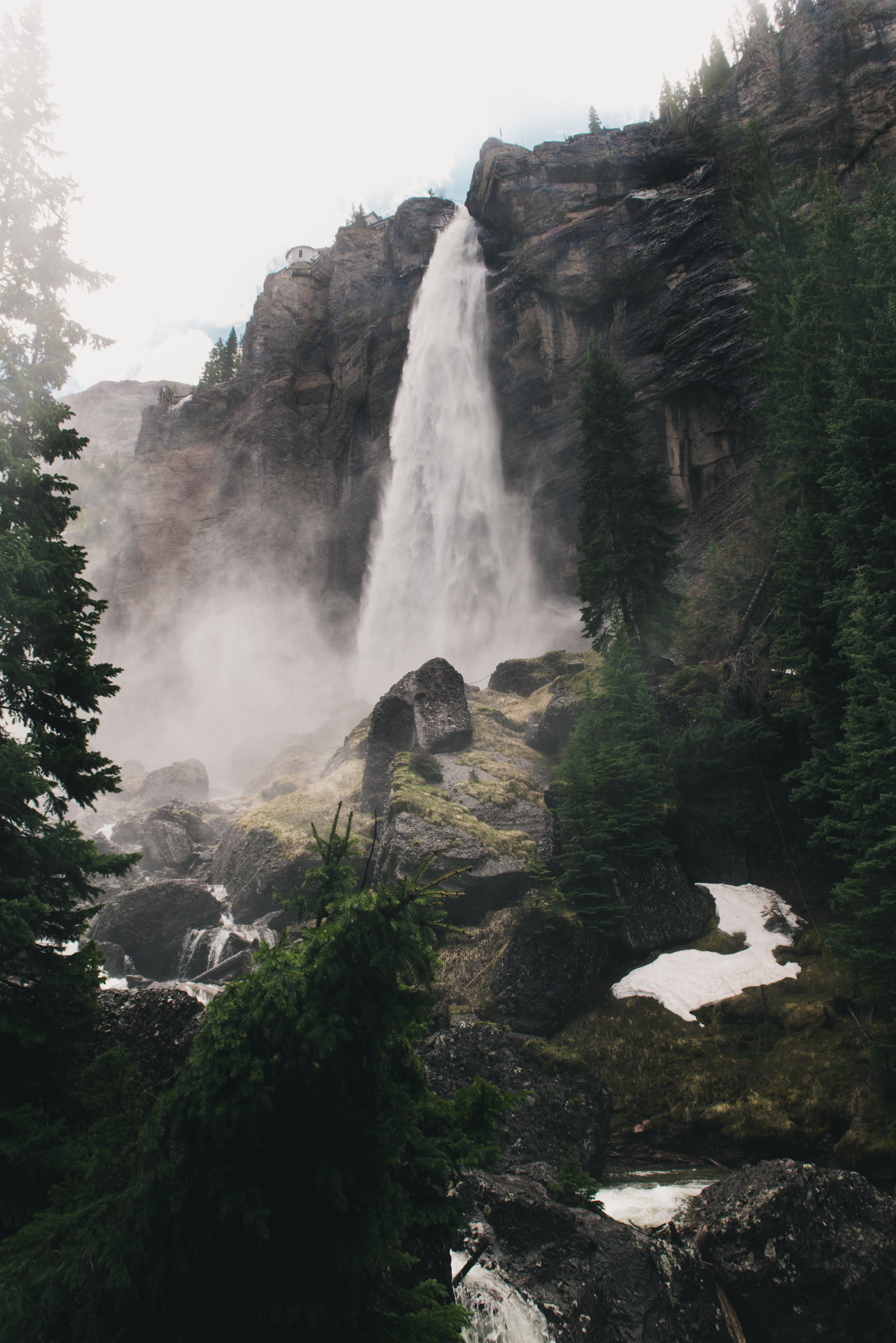 nature, landscape, trees, stones, waterfall, fog