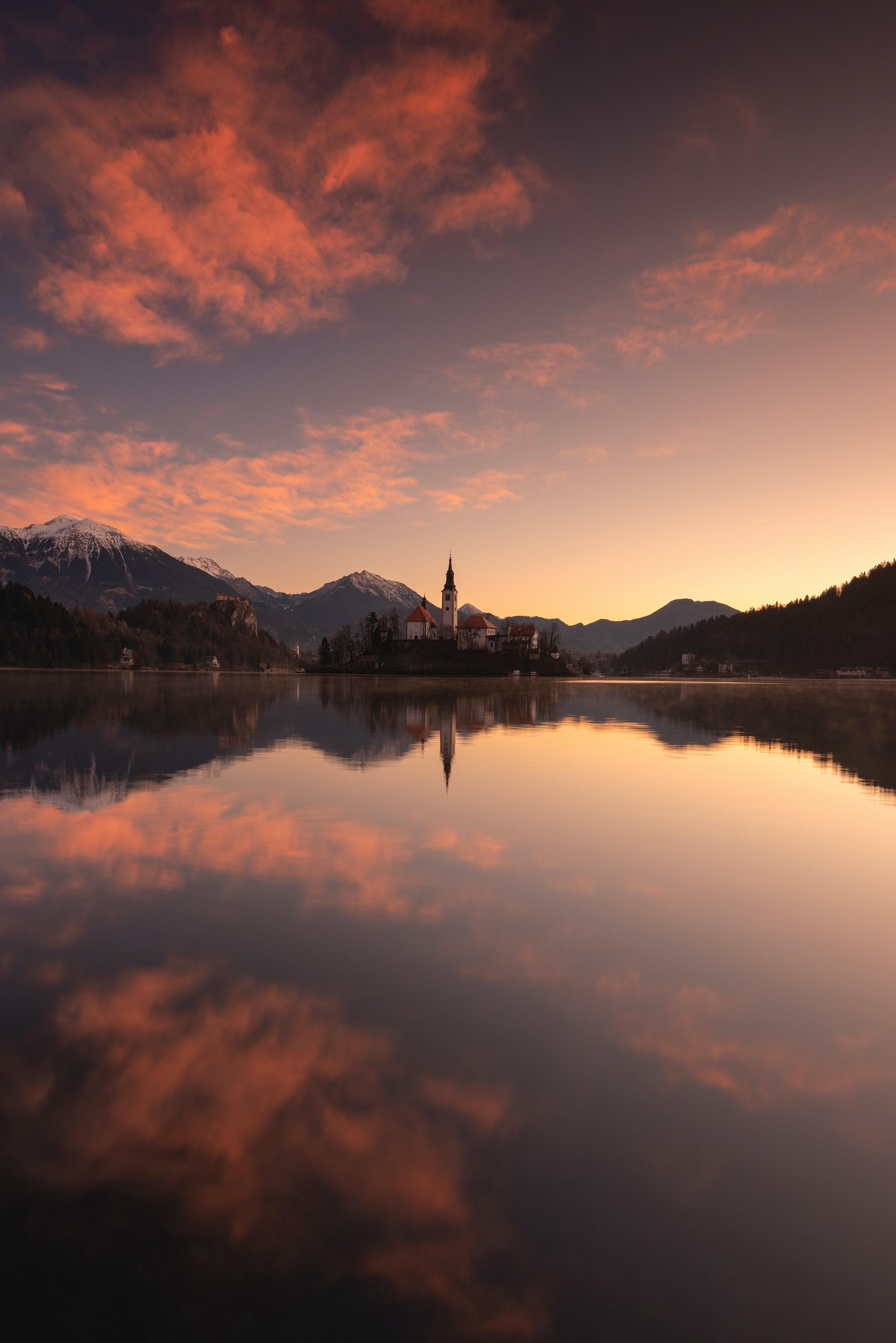 nature, mountains, lock, lake, reflection, tower Panoramic Wallpaper