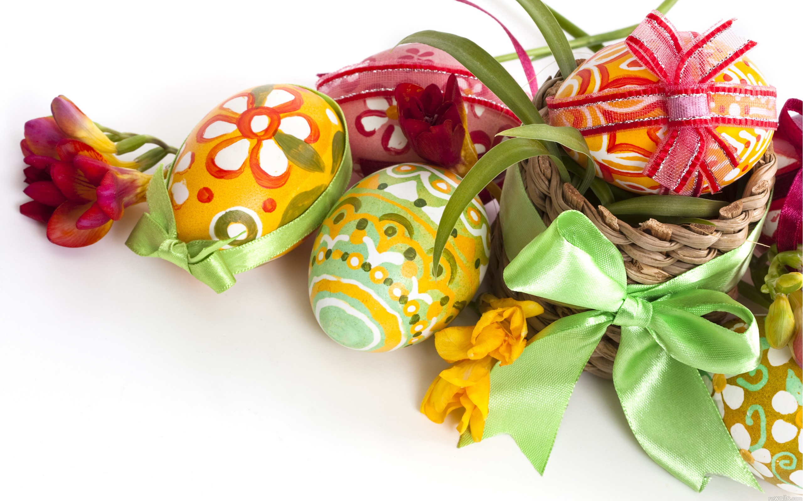 Free download wallpaper Easter, Flower, Holiday, Colorful, Basket, Egg, Ribbon, Easter Egg on your PC desktop