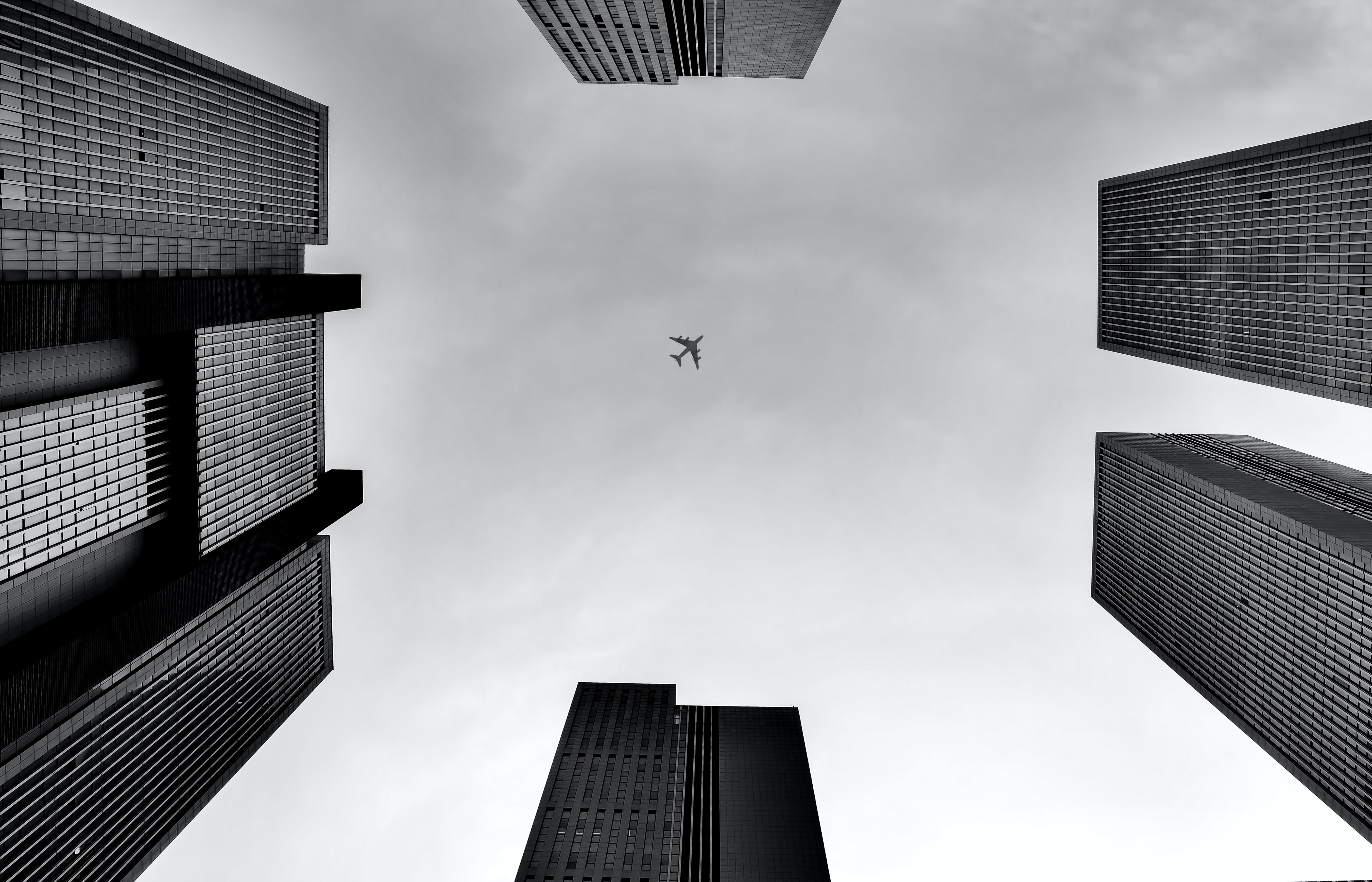 black and white, plane, building, miscellanea, miscellaneous, bw, chb, airplane, bottom view