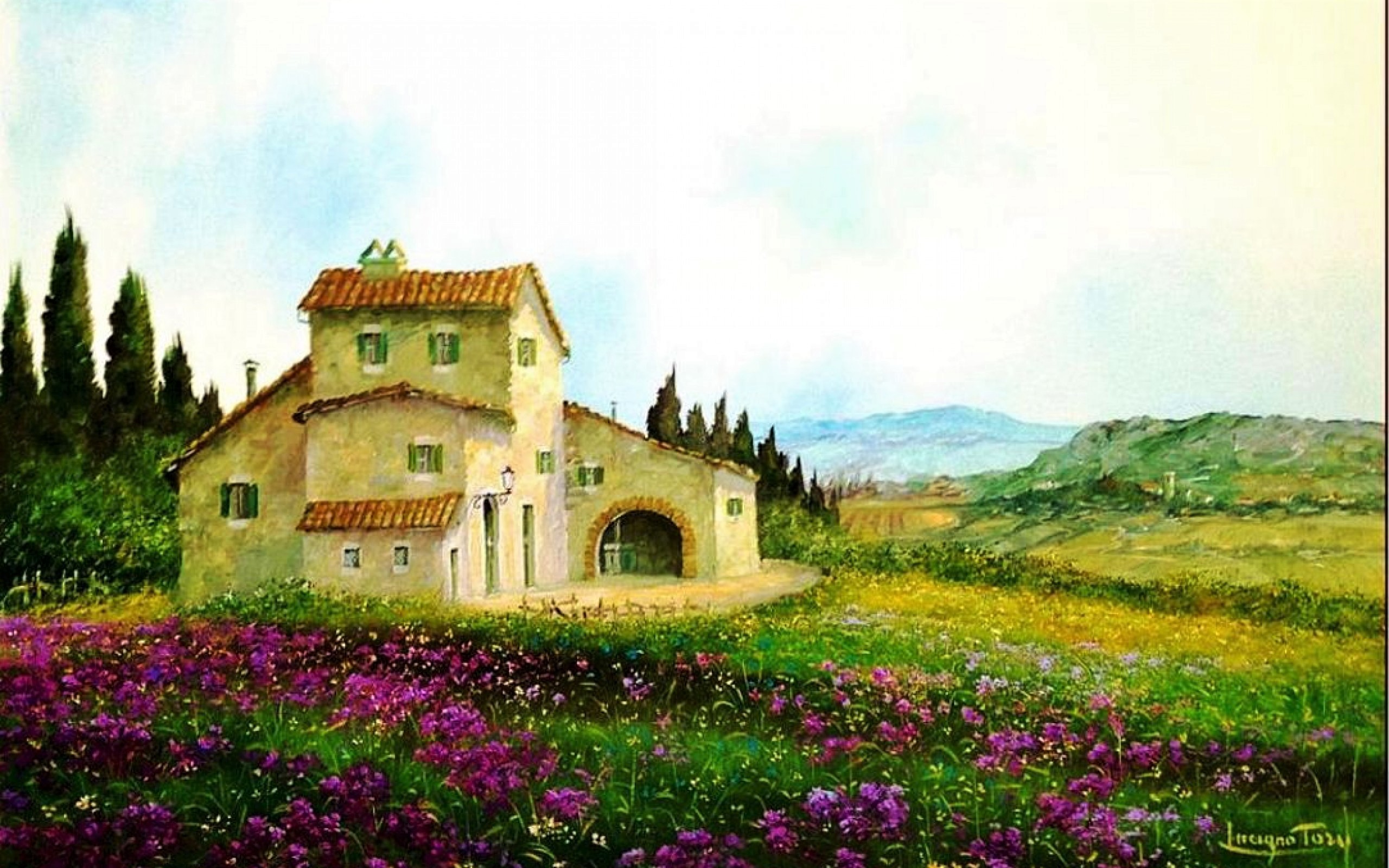 Handy-Wallpaper Landschaft, Italien, Baum, Haus, Malerei, Toskana, Künstlerisch, Aufstellen kostenlos herunterladen.