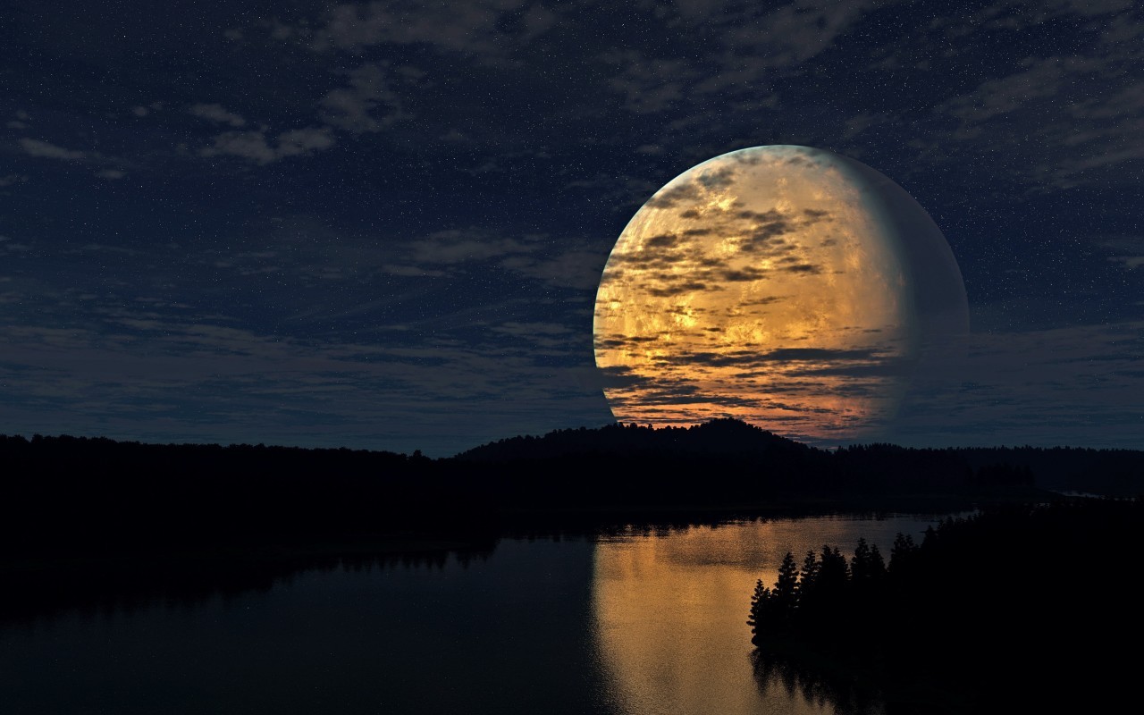 Скачать картинку Река, Ночь, Пейзаж, Луна в телефон бесплатно.