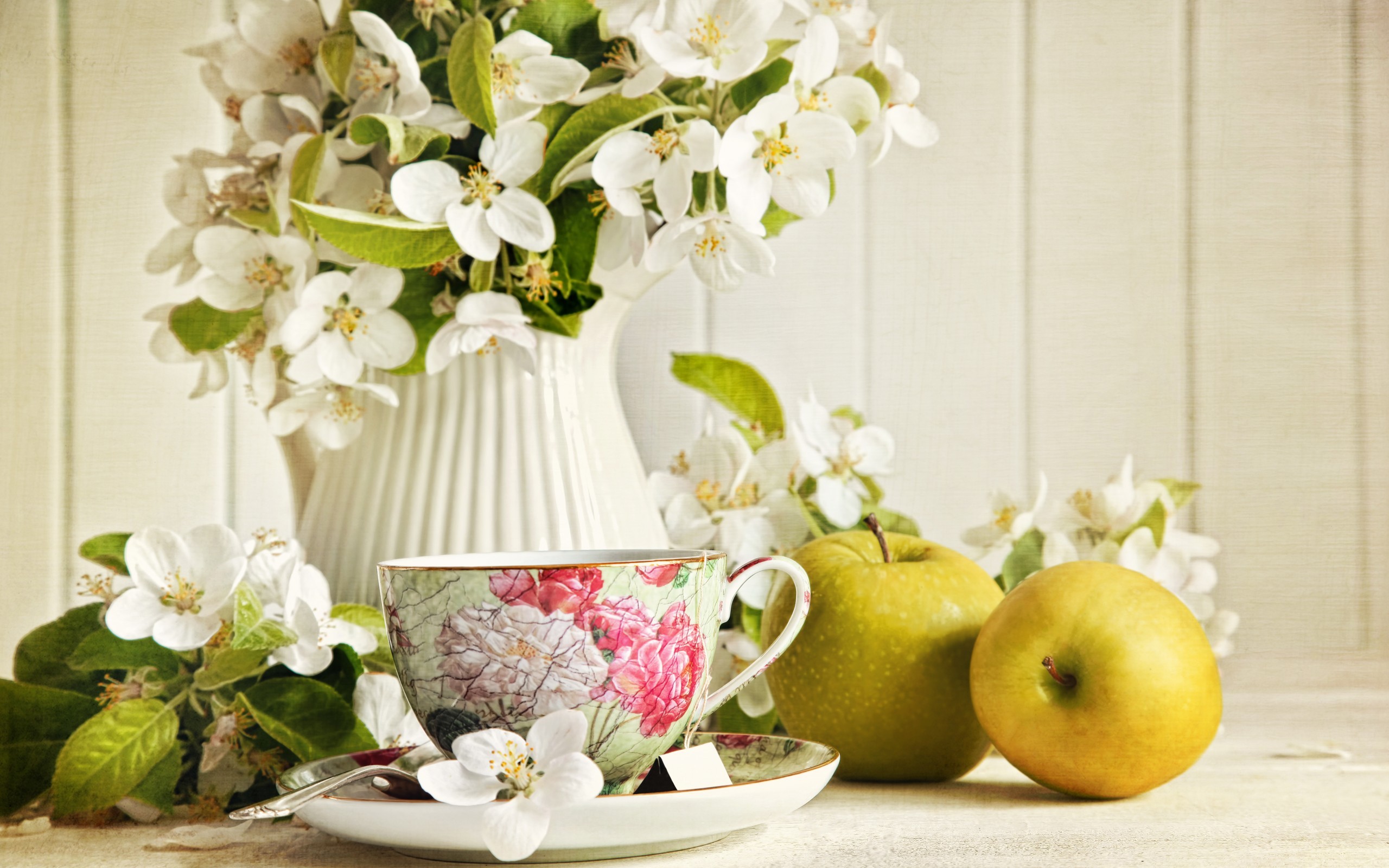bouquets, plants, flowers, apples, cups, still life, yellow Aesthetic wallpaper