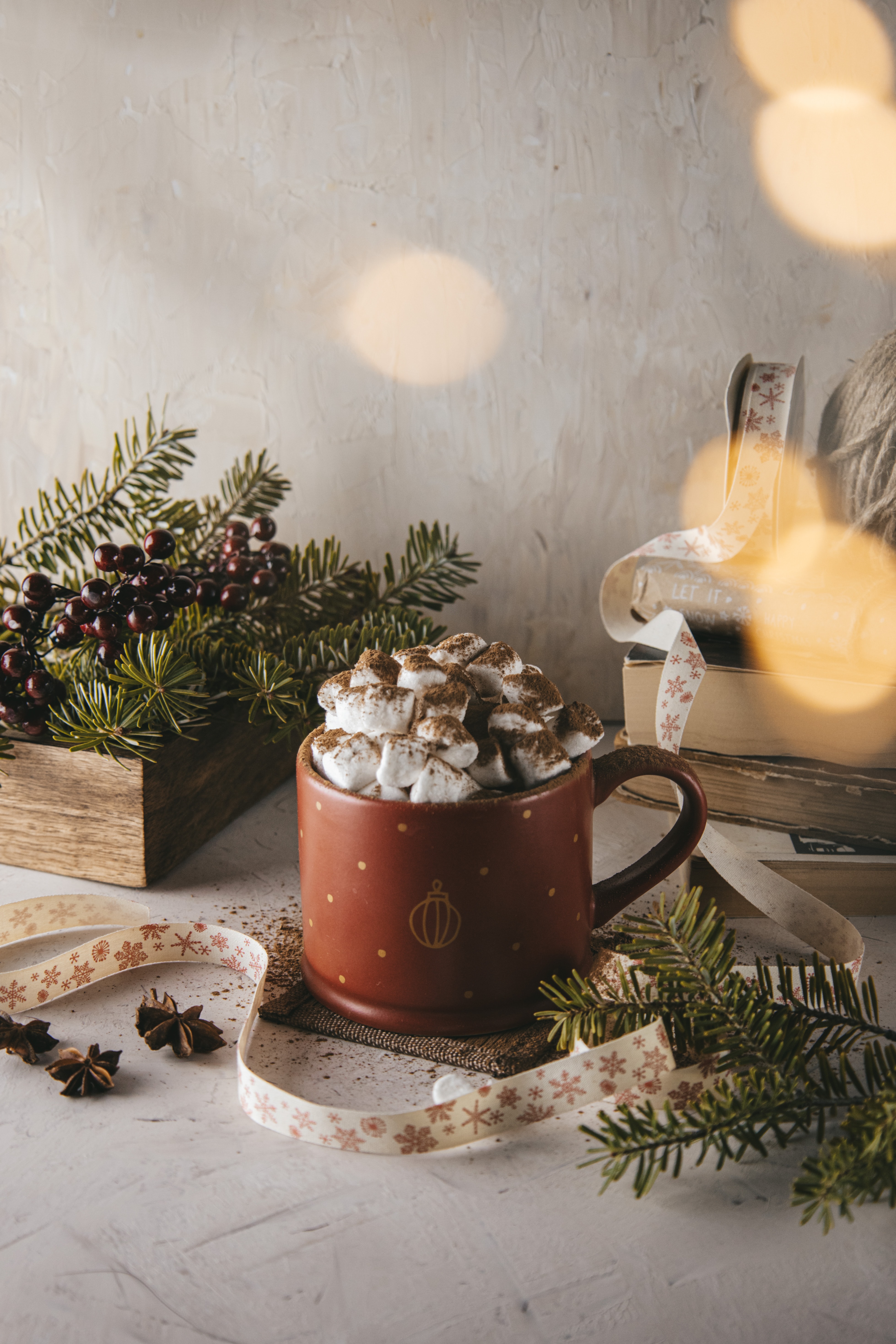 food, mug, zephyr, cup, branches, spruce, fir, marshmallow download HD wallpaper