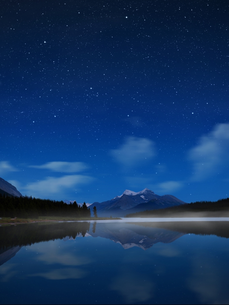 Download mobile wallpaper Landscape, Water, Stars, Night, Mountain, Lake, Reflection, Fog, Earth, Cloud for free.