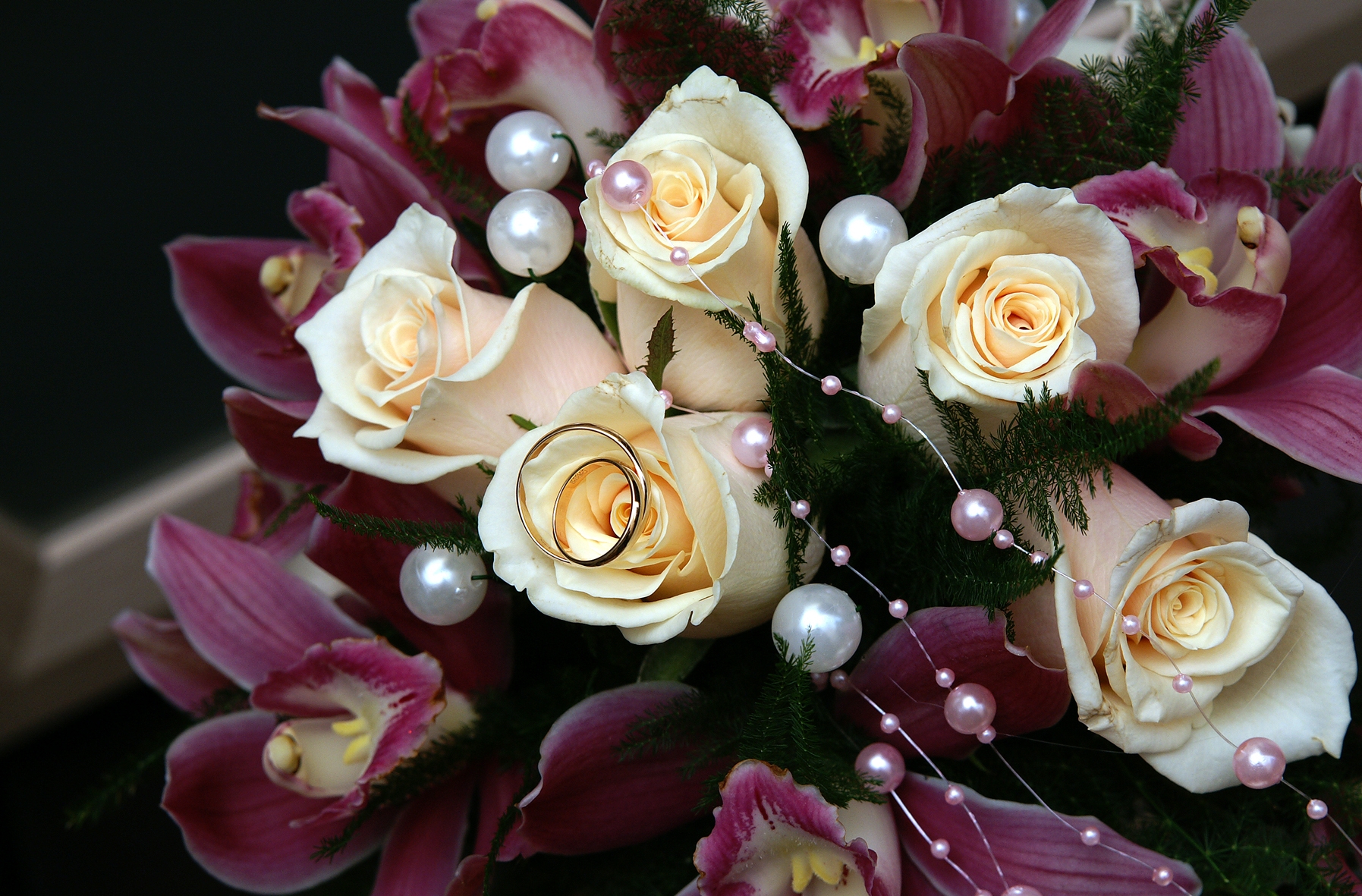 wedding, flowers, roses, lilies, rings, beads, bouquet, happiness, joy