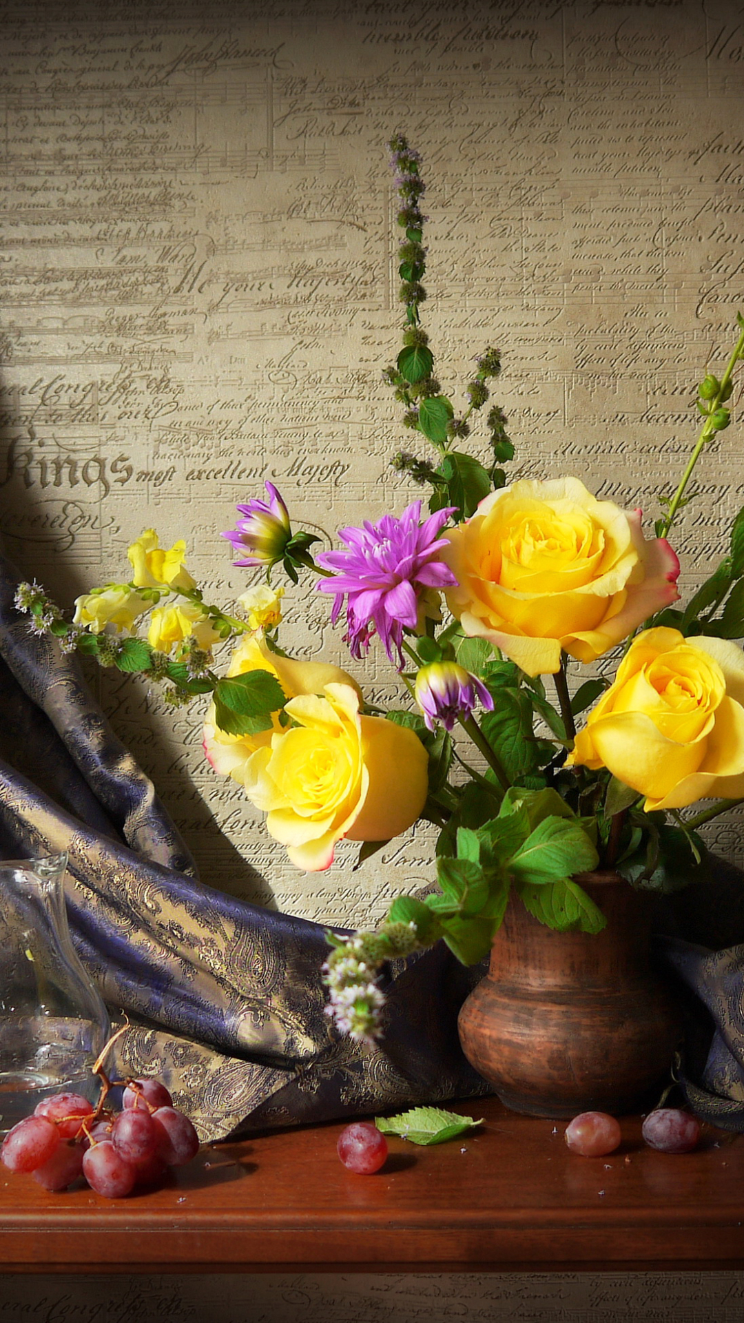 Download mobile wallpaper Grapes, Still Life, Rose, Photography, Yellow Flower for free.
