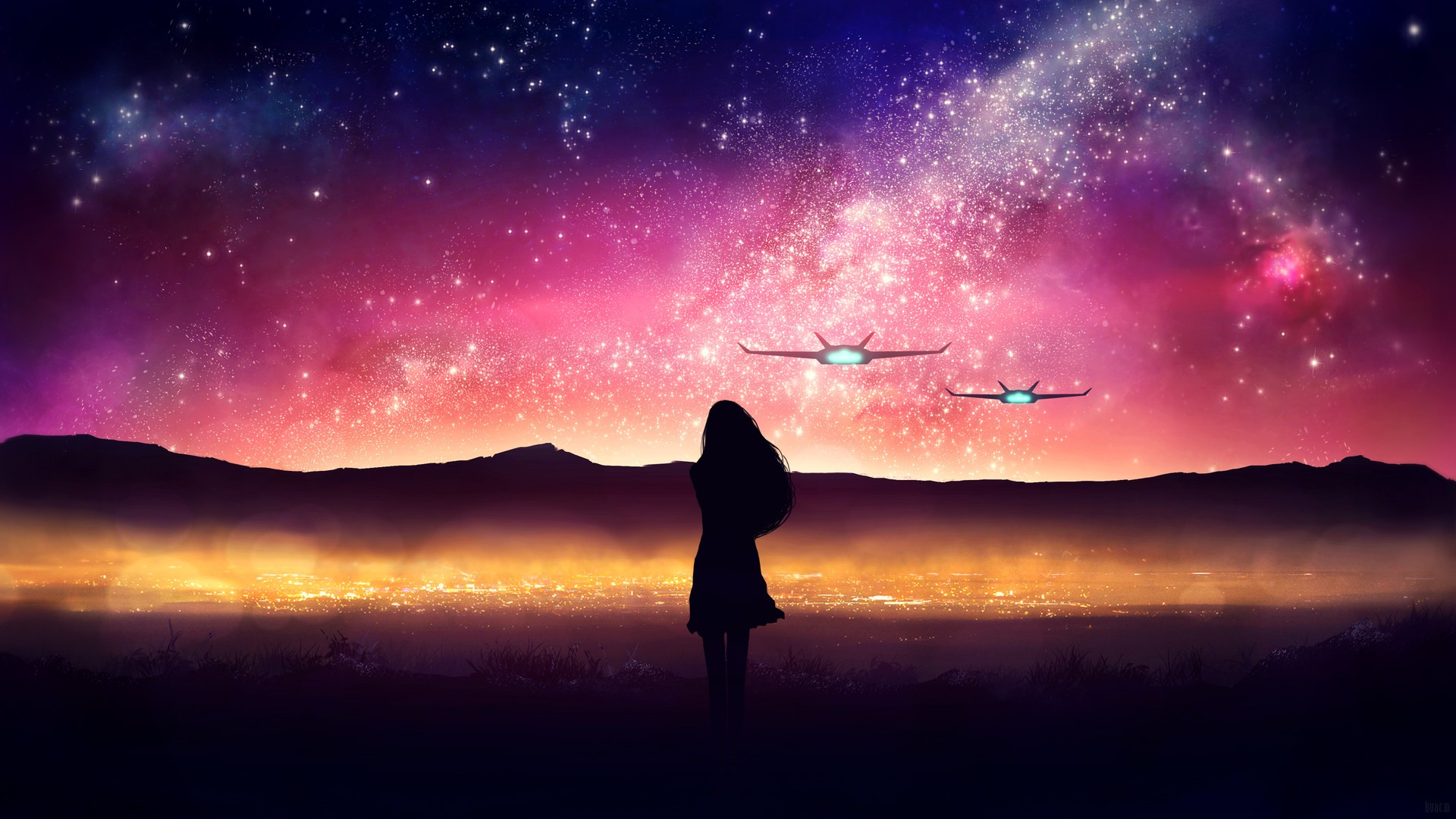 Free download wallpaper Landscape, Nature, Sky, Night, Space, Sci Fi, Spaceship, Star, Women on your PC desktop