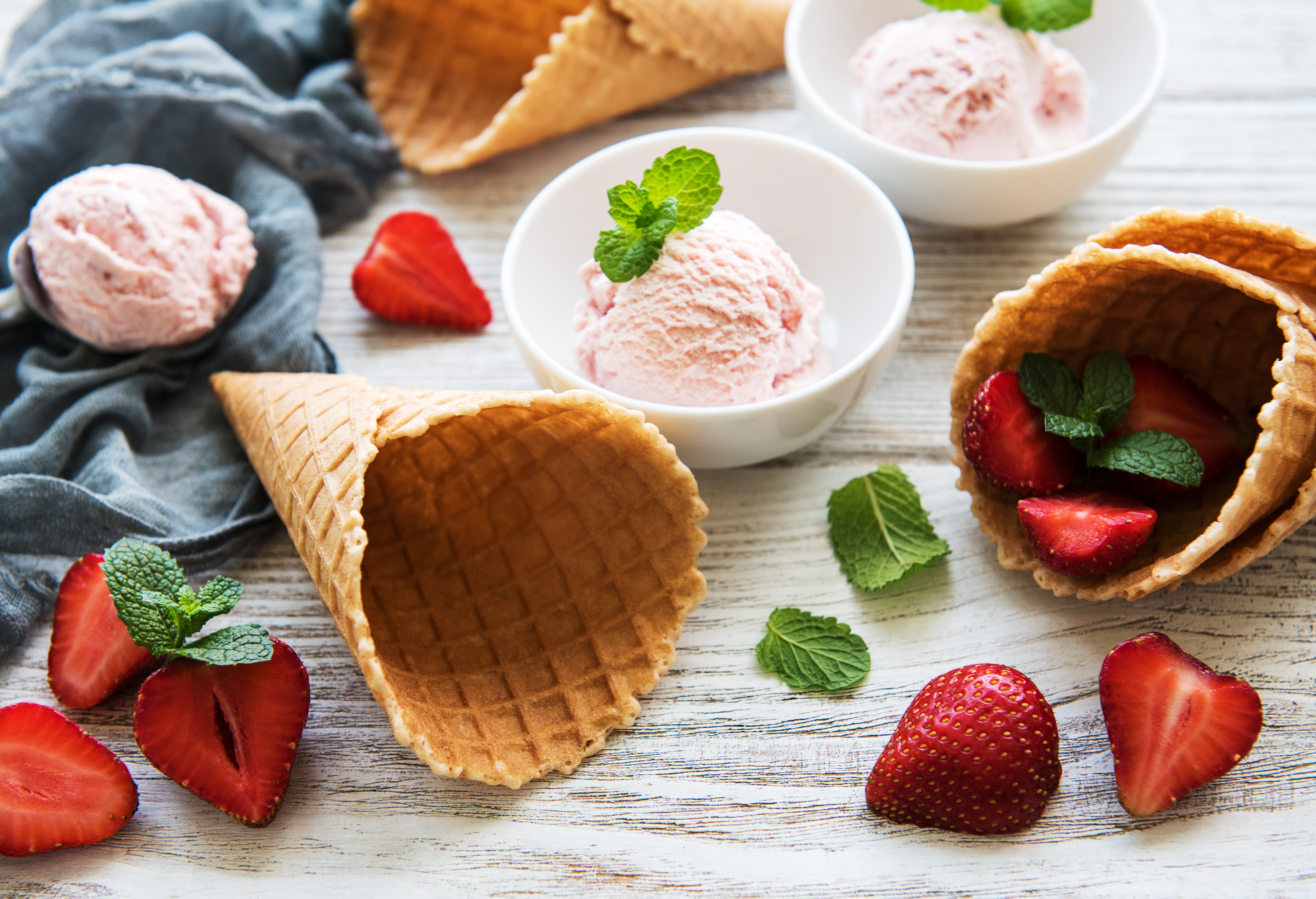 Download mobile wallpaper Food, Strawberry, Ice Cream, Still Life, Fruit, Waffle Cone for free.