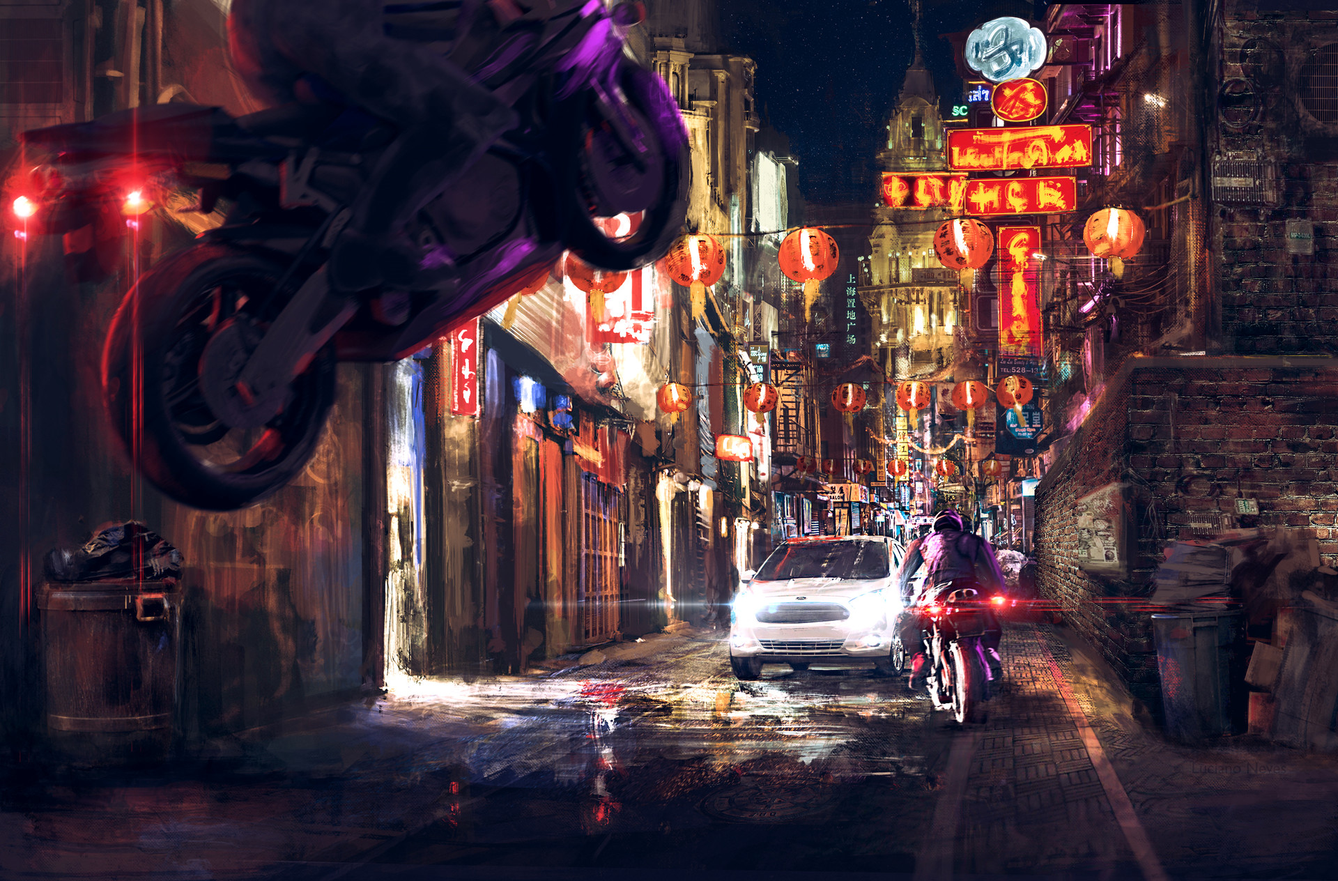 illustration, sci fi, city, china, motorcycle