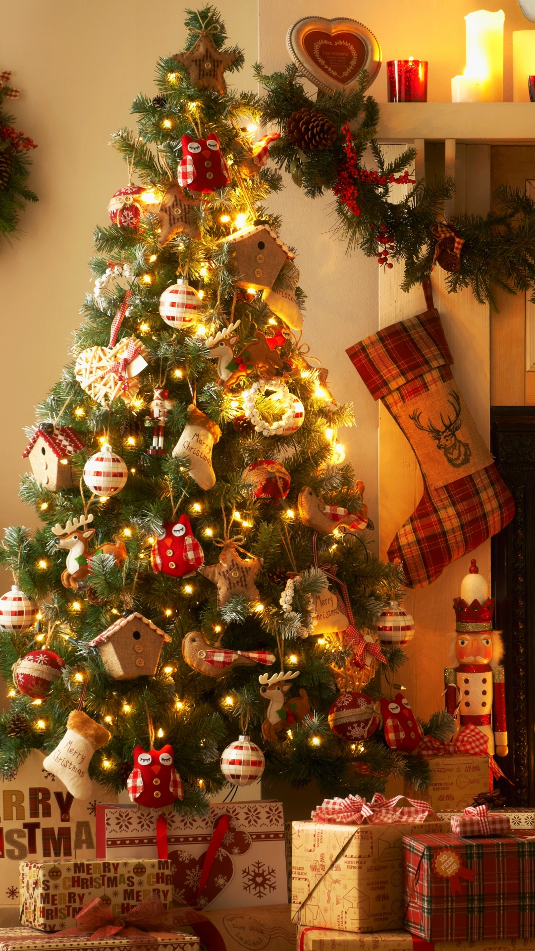 Download mobile wallpaper Christmas, Holiday, Gift, Christmas Tree, Decoration, Candle, Christmas Ornaments, Christmas Lights, Stocking for free.