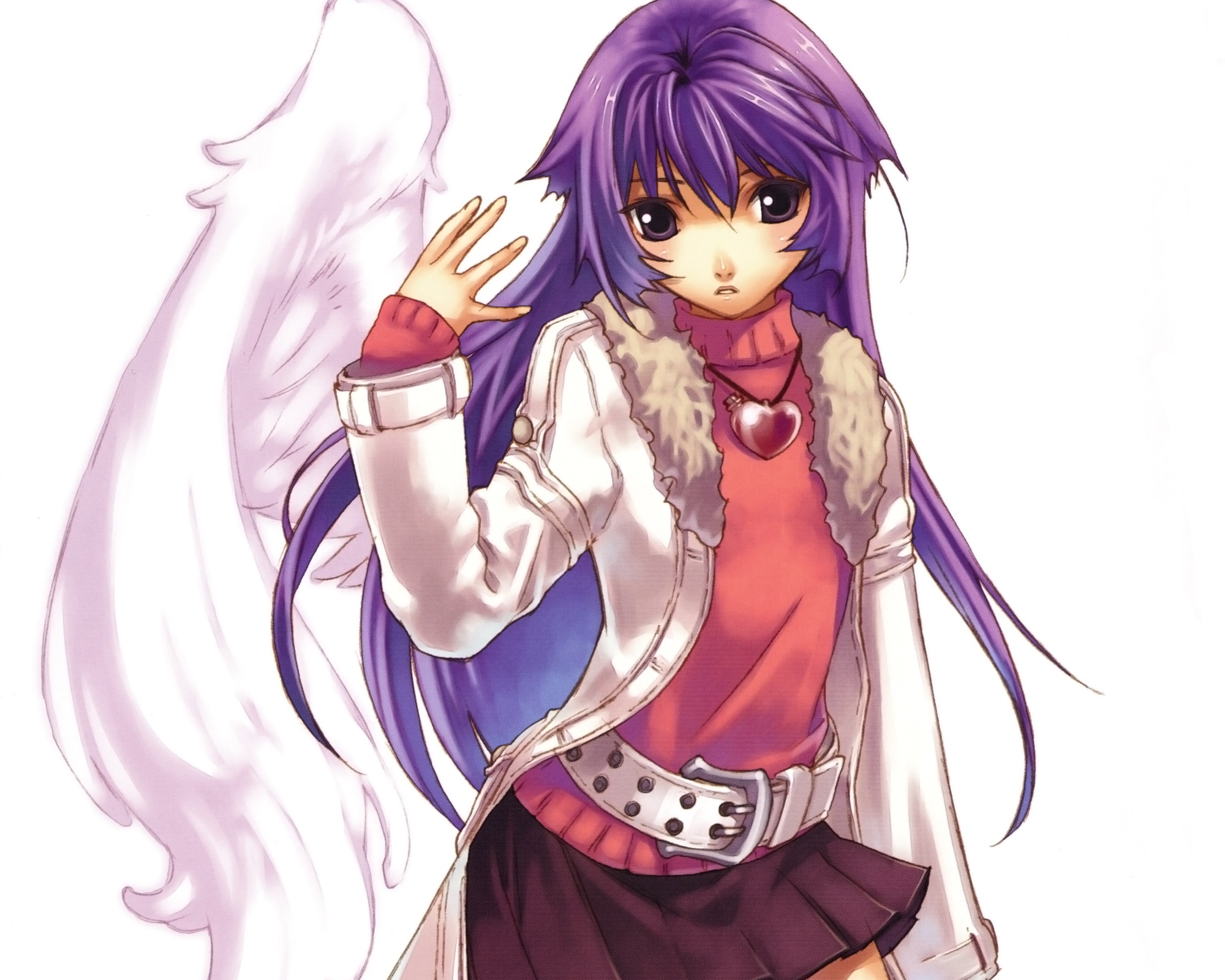 Download mobile wallpaper Anime, Wings, Heart, Angel, Coat, Belt, Long Hair, Purple Eyes, Purple Hair for free.