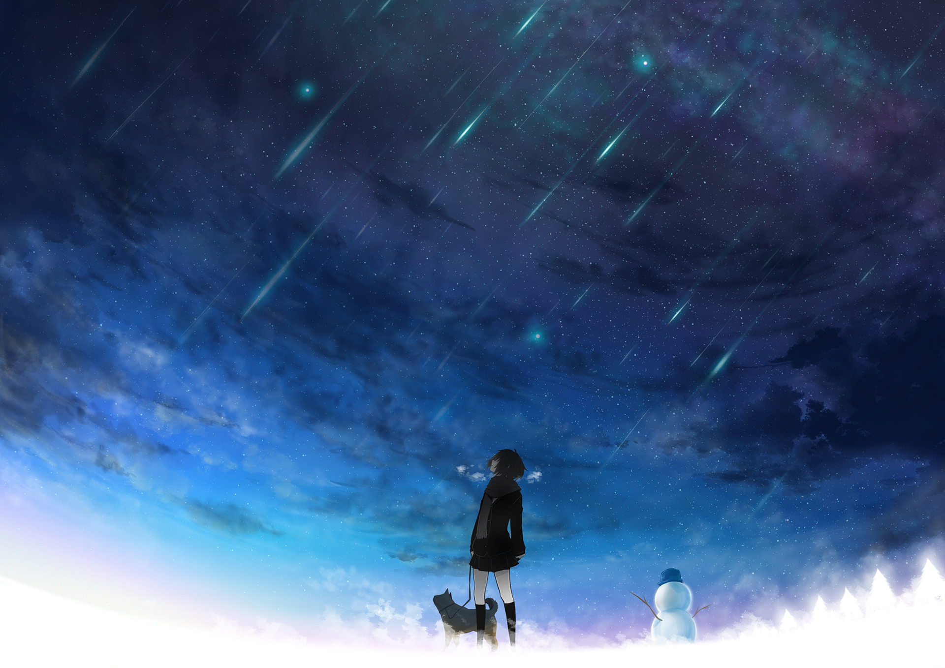 881125 Hintergrundbild herunterladen animes, original, hund, eis, meteor, himmel, sterne, winter - Bildschirmschoner und Bilder kostenlos