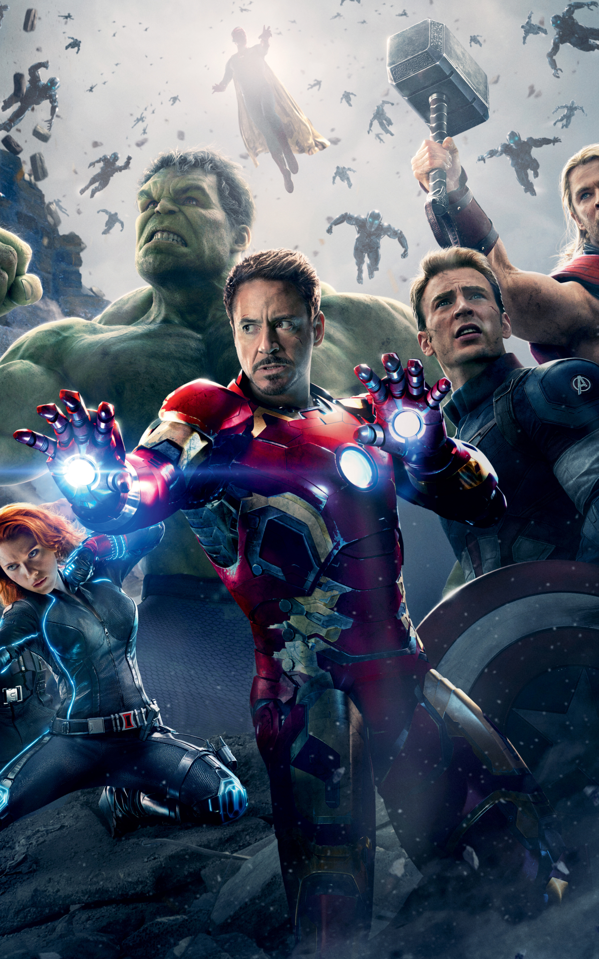 Download mobile wallpaper Hulk, Iron Man, Captain America, Avengers, Robert Downey Jr, Chris Evans, Movie, Tony Stark, Black Widow, The Avengers, Avengers: Age Of Ultron for free.