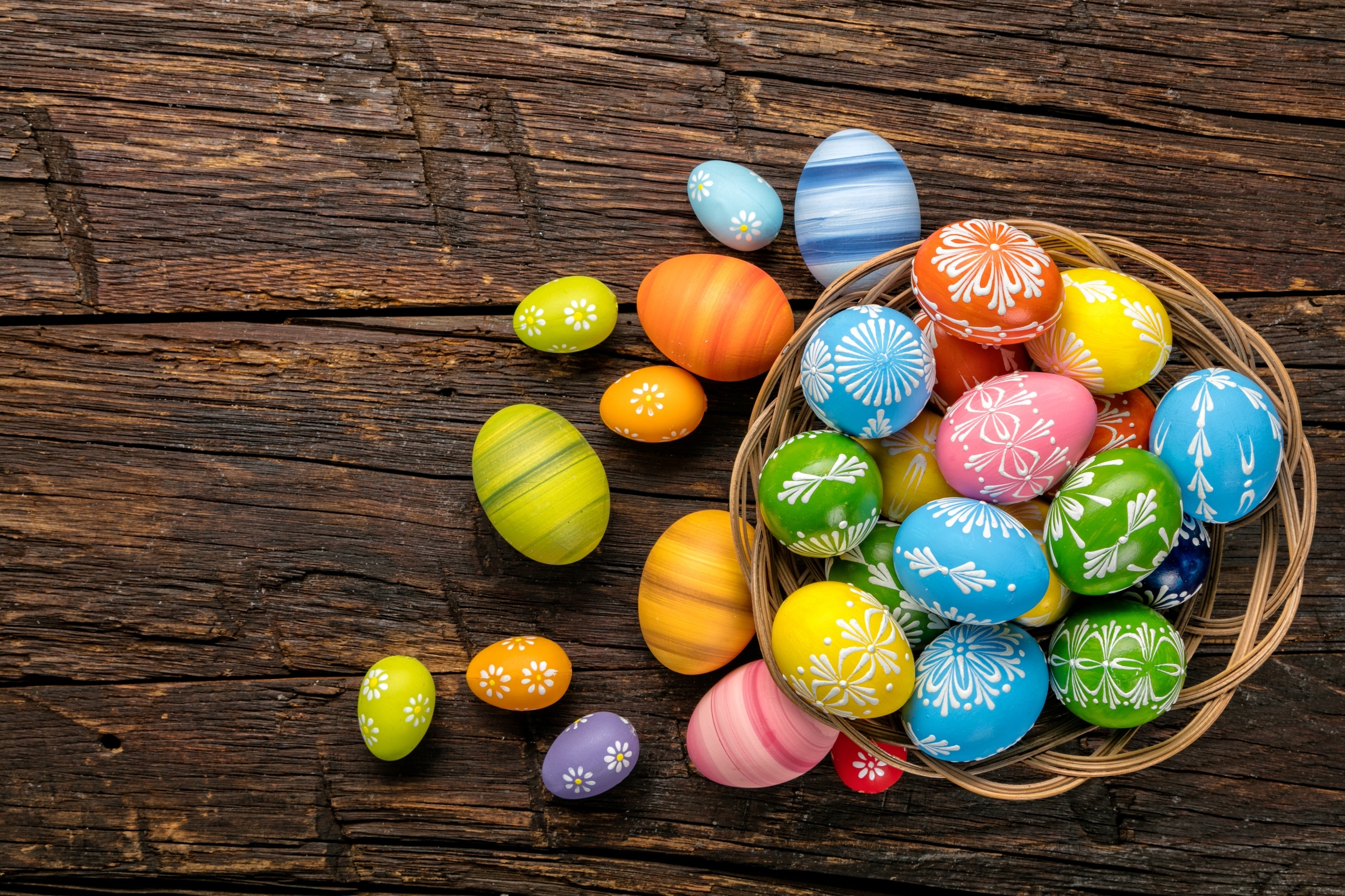 Download mobile wallpaper Easter, Wood, Holiday, Colorful, Basket, Easter Egg for free.