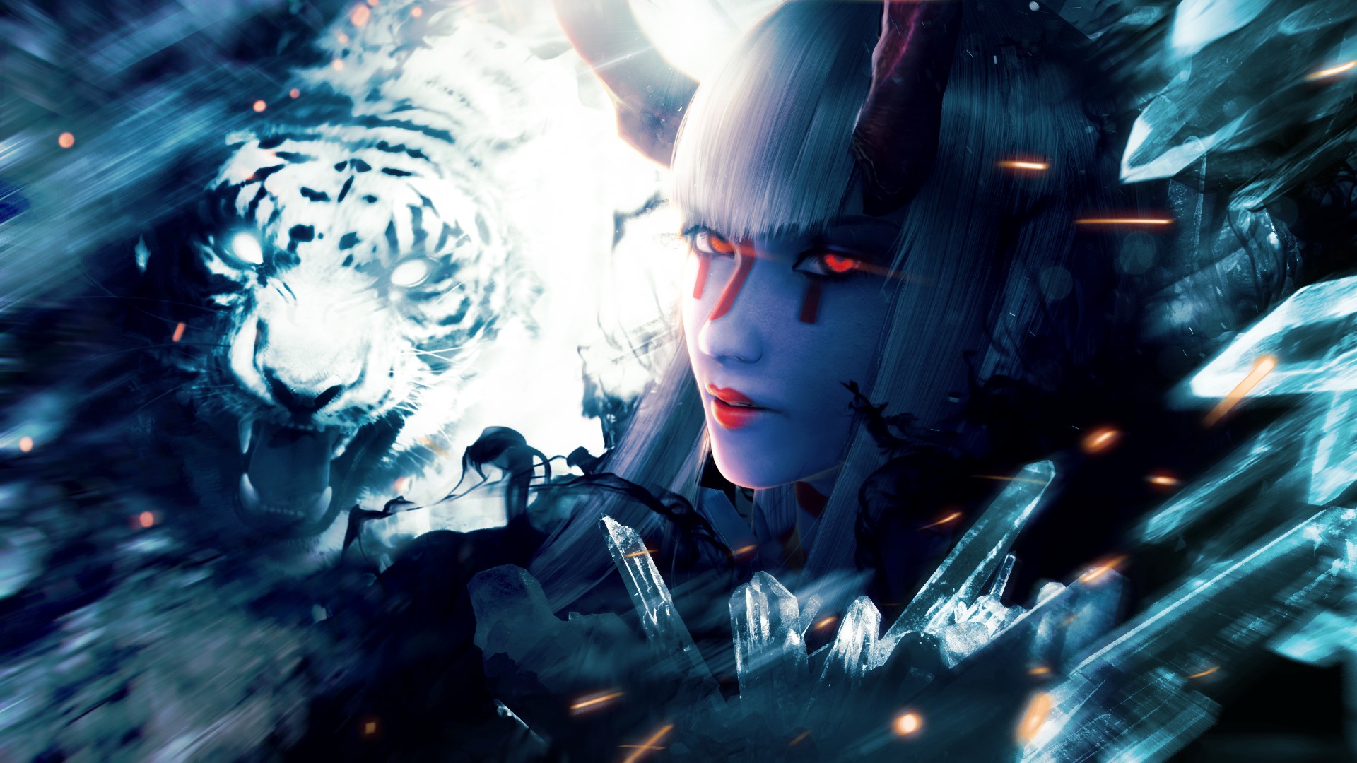 devil kazumi, tekken, video game, tekken 7, close up, demon, glowing eyes, horns, red eyes