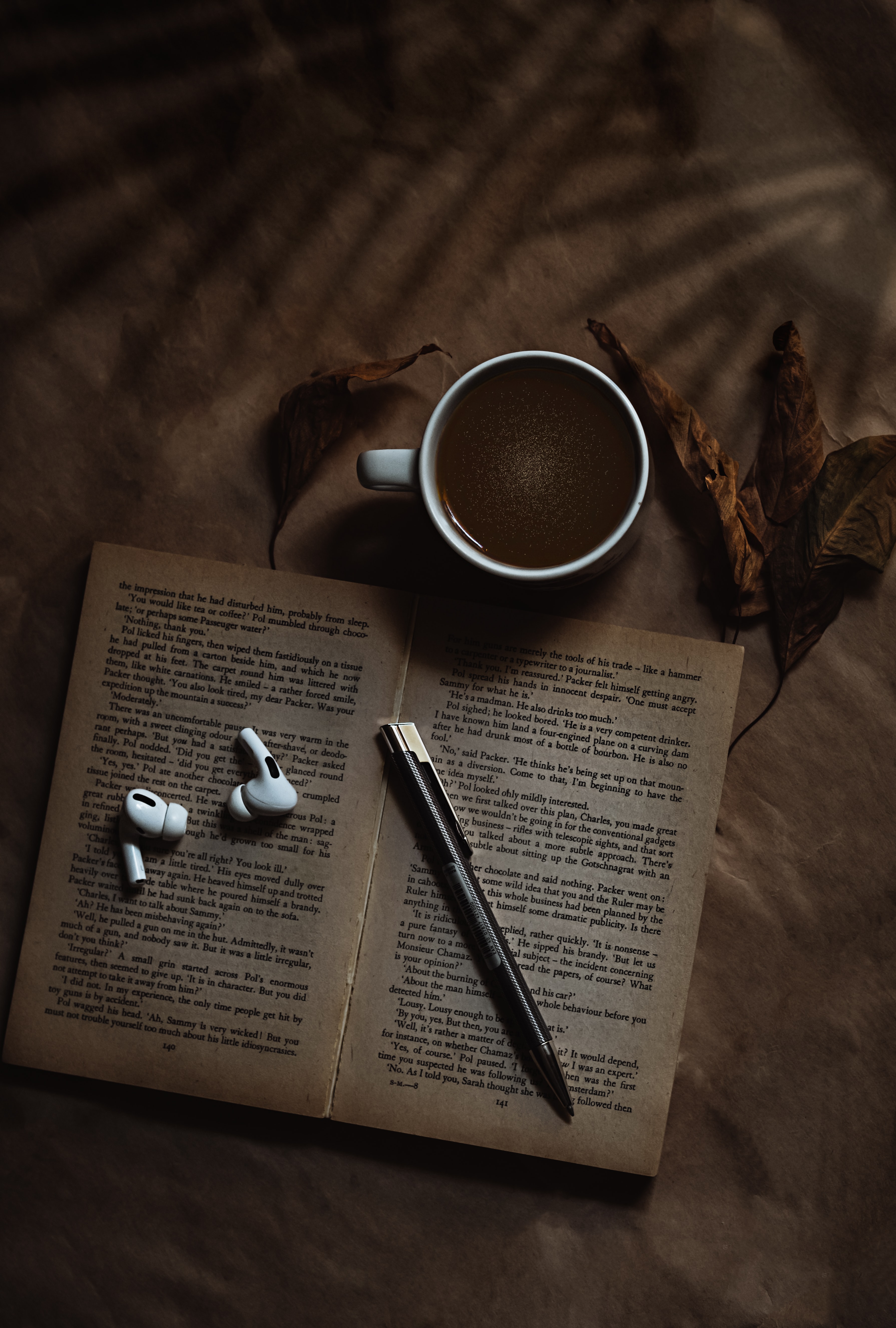 coffee, book, headphones, cup, text, miscellanea, miscellaneous