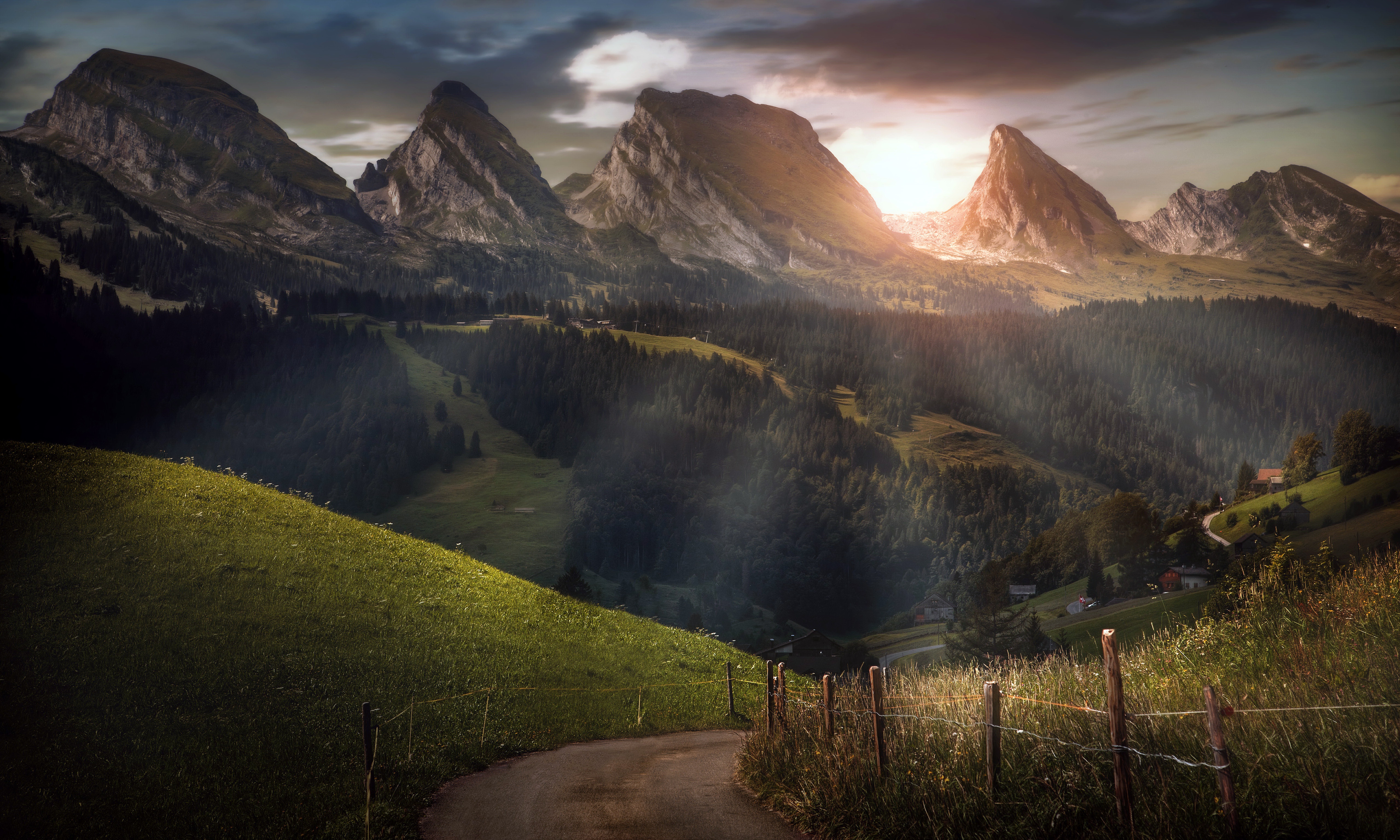 Download mobile wallpaper Landscape, Mountain, Road, Fence, Switzerland, Photography for free.