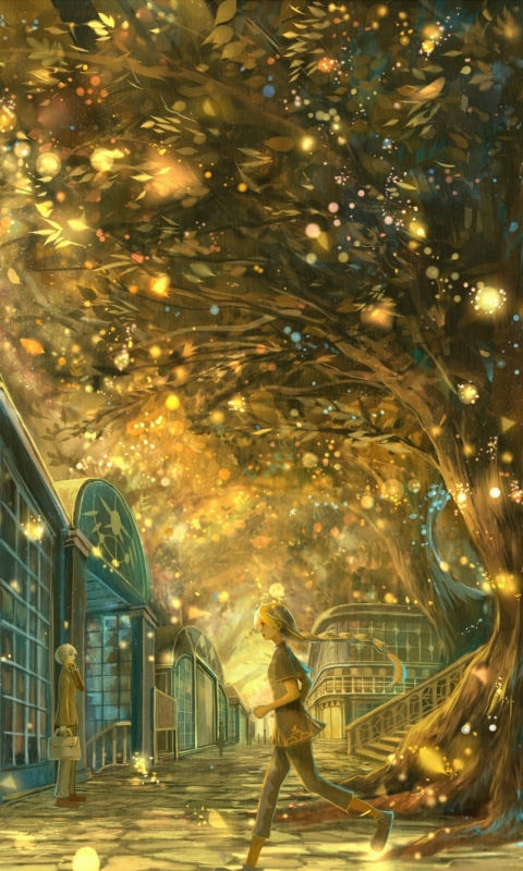 Download mobile wallpaper Anime, Landscape, People, Magic, Night, City, Light, Tree for free.
