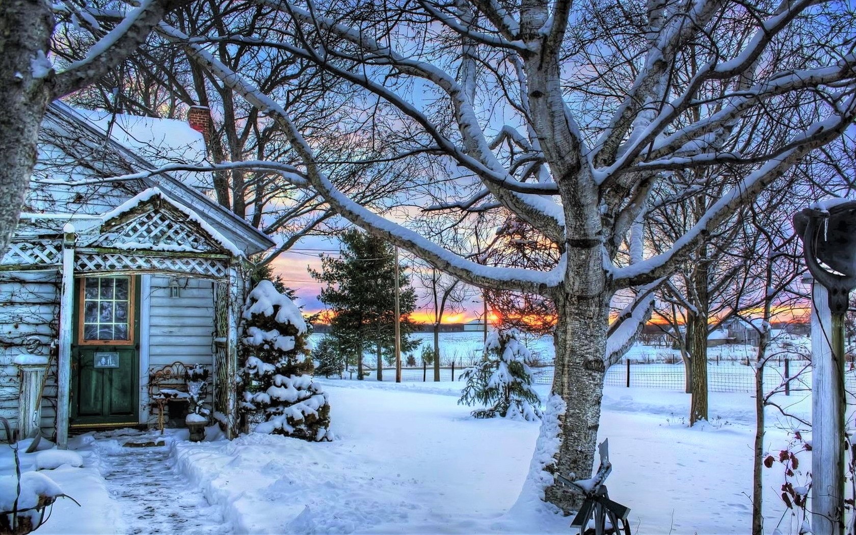 Laden Sie das Winter, Schnee, Baum, Haus, Sonnenuntergang, Menschengemacht-Bild kostenlos auf Ihren PC-Desktop herunter