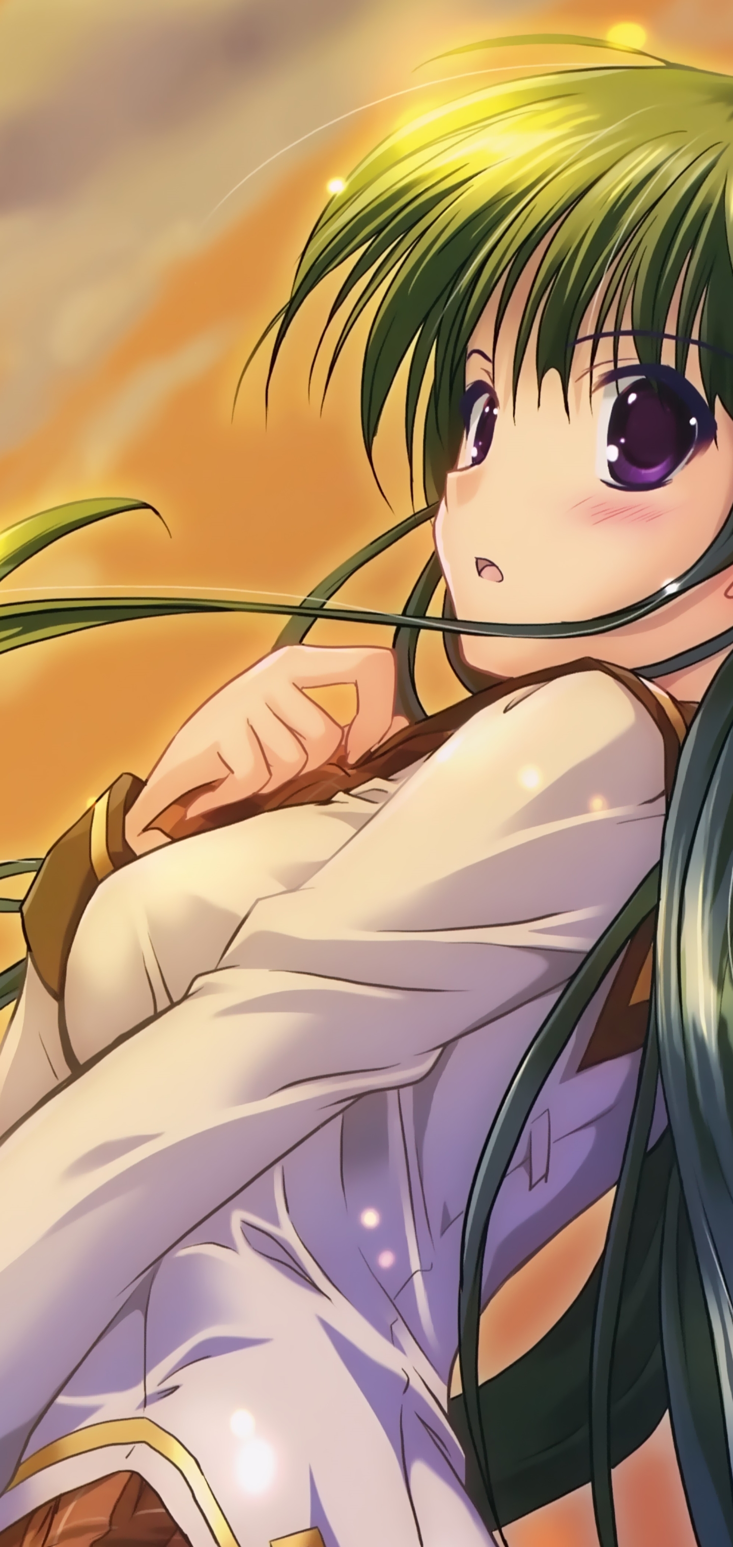 Download mobile wallpaper Anime, Green Hair, Original, Blush, Long Hair, Purple Eyes for free.