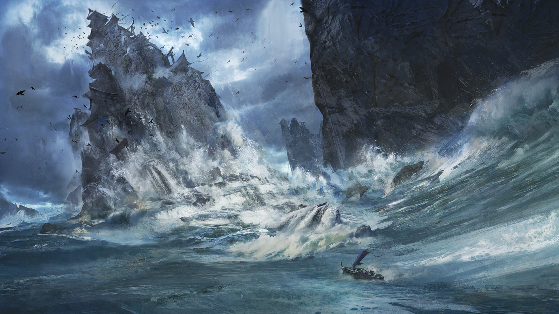 Download mobile wallpaper Landscape, Water, Fantasy, Ship, Wave for free.