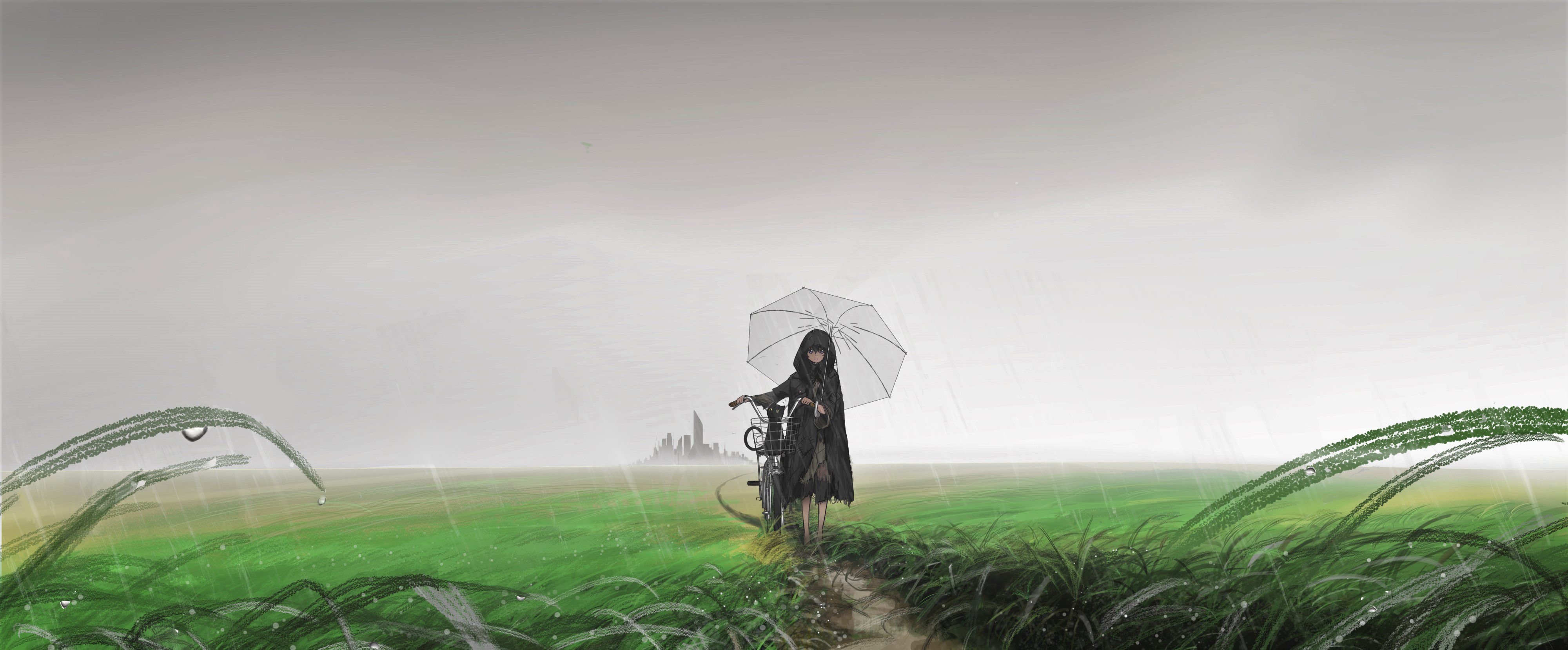 Download mobile wallpaper Anime, Rain, Cat, Girl, Umbrella for free.