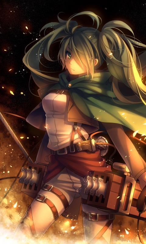 Download mobile wallpaper Anime, Vocaloid, Green Hair, Sword, Crossover, Green Eyes, Hatsune Miku, Long Hair, Attack On Titan for free.