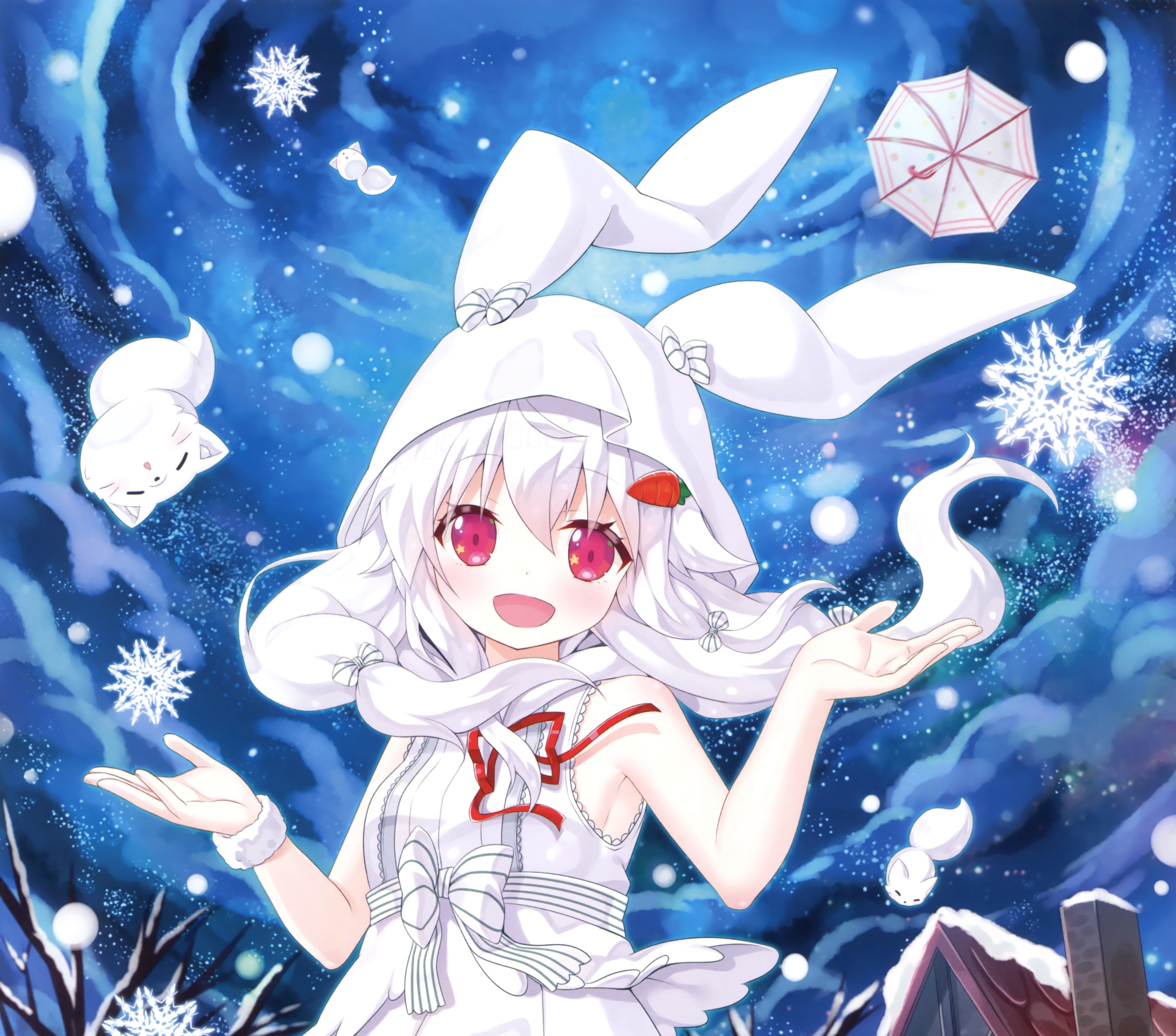 Download mobile wallpaper Anime, Smile, Umbrella, Original, Blush, Long Hair, White Hair, Bow (Clothing), Pink Eyes, Bunny Ears for free.
