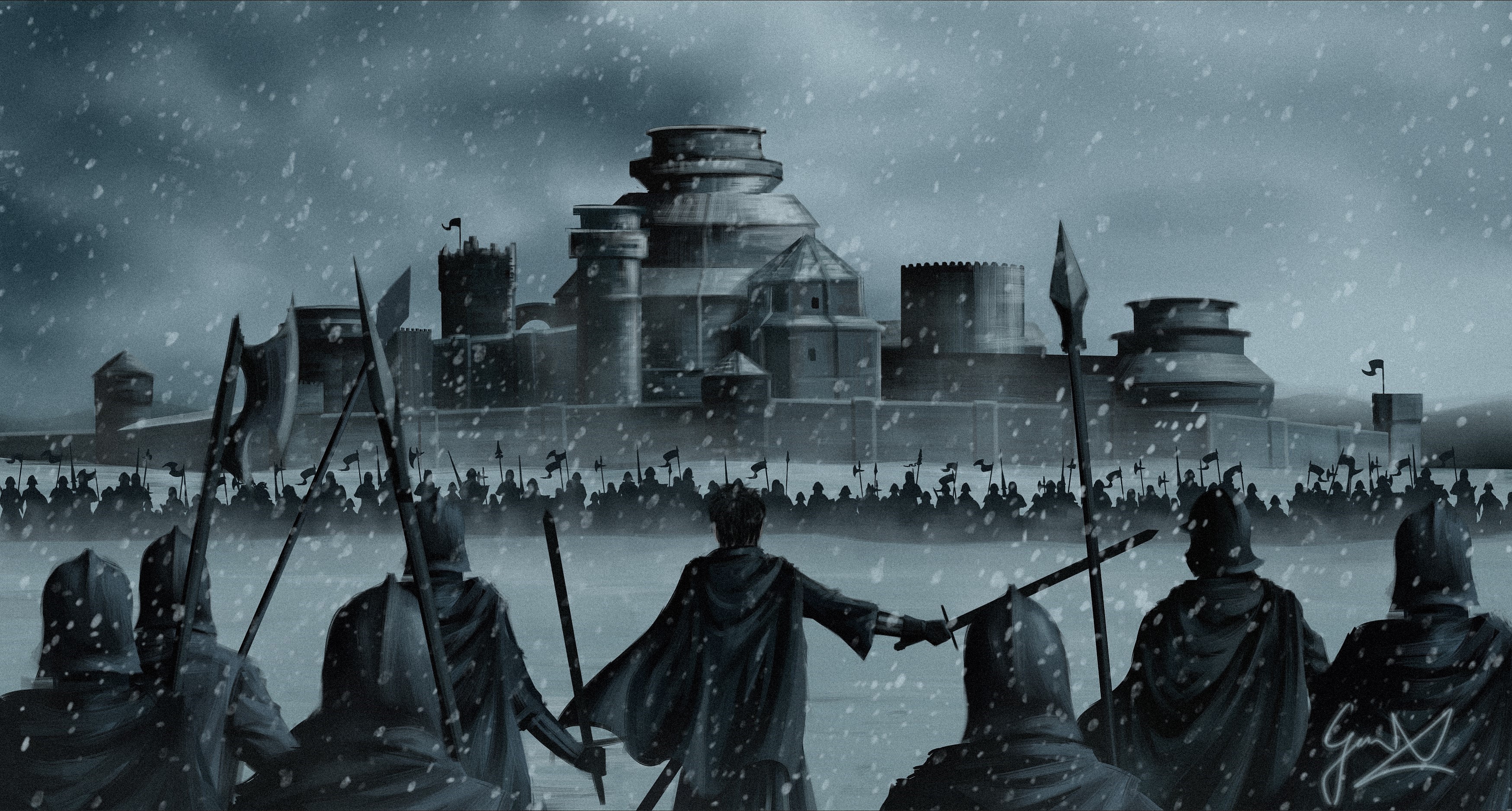 Free download wallpaper Game Of Thrones, Warrior, Battle, Snowfall, Sword, Spear, Tv Show, Castle on your PC desktop