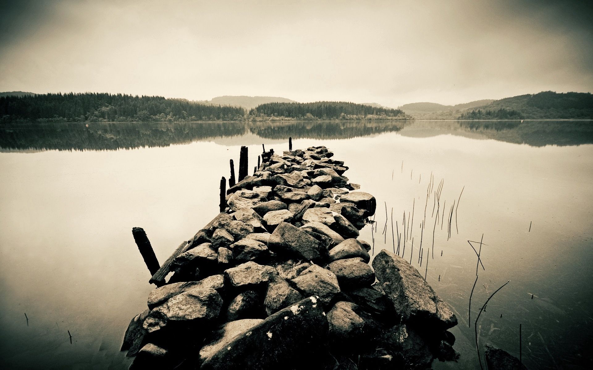 nature, water, stones, pier, despondency, black and white