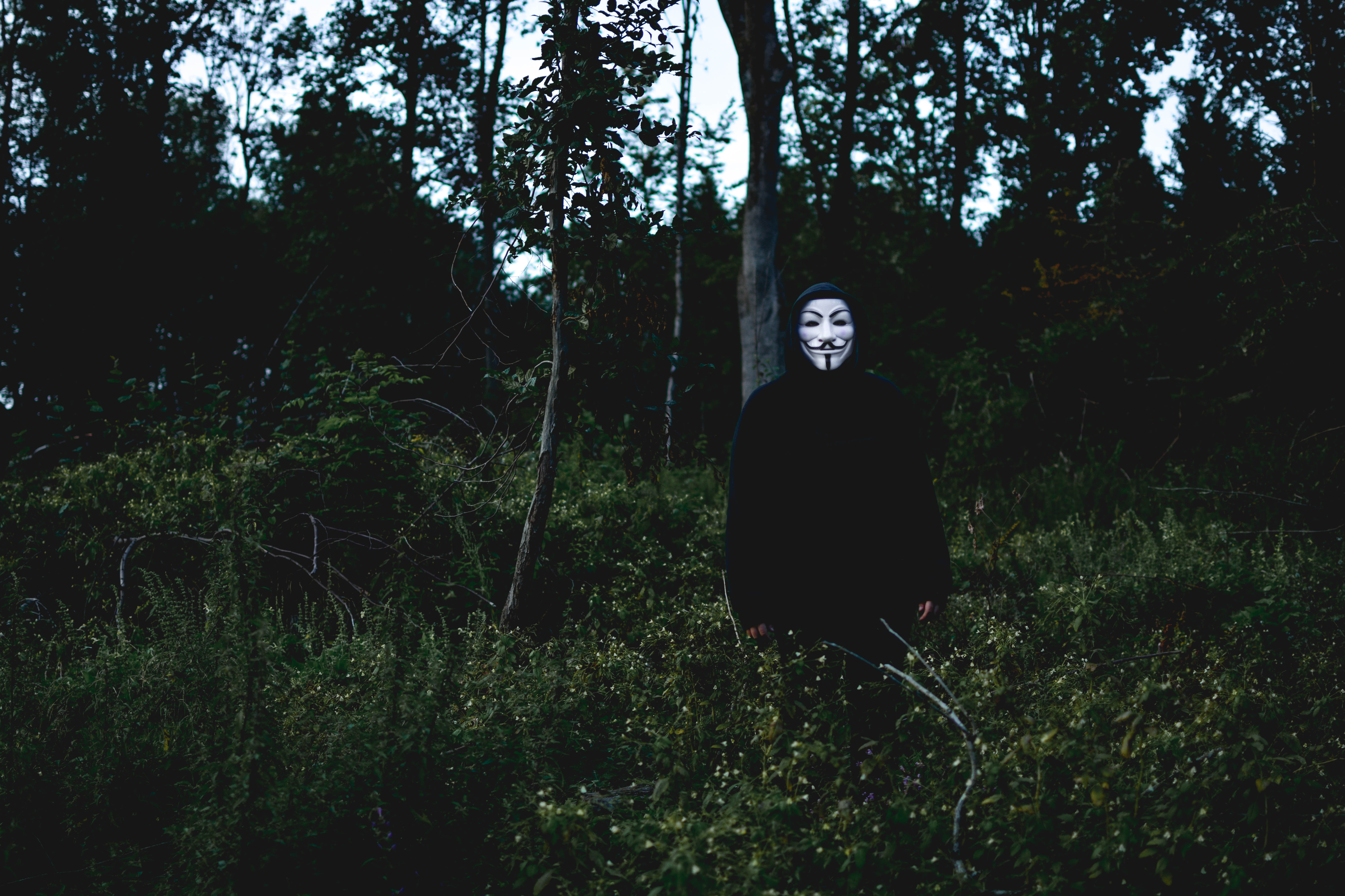 Download mobile wallpaper Miscellaneous, Forest, Miscellanea, Human, Person, Mask, Anonymous for free.