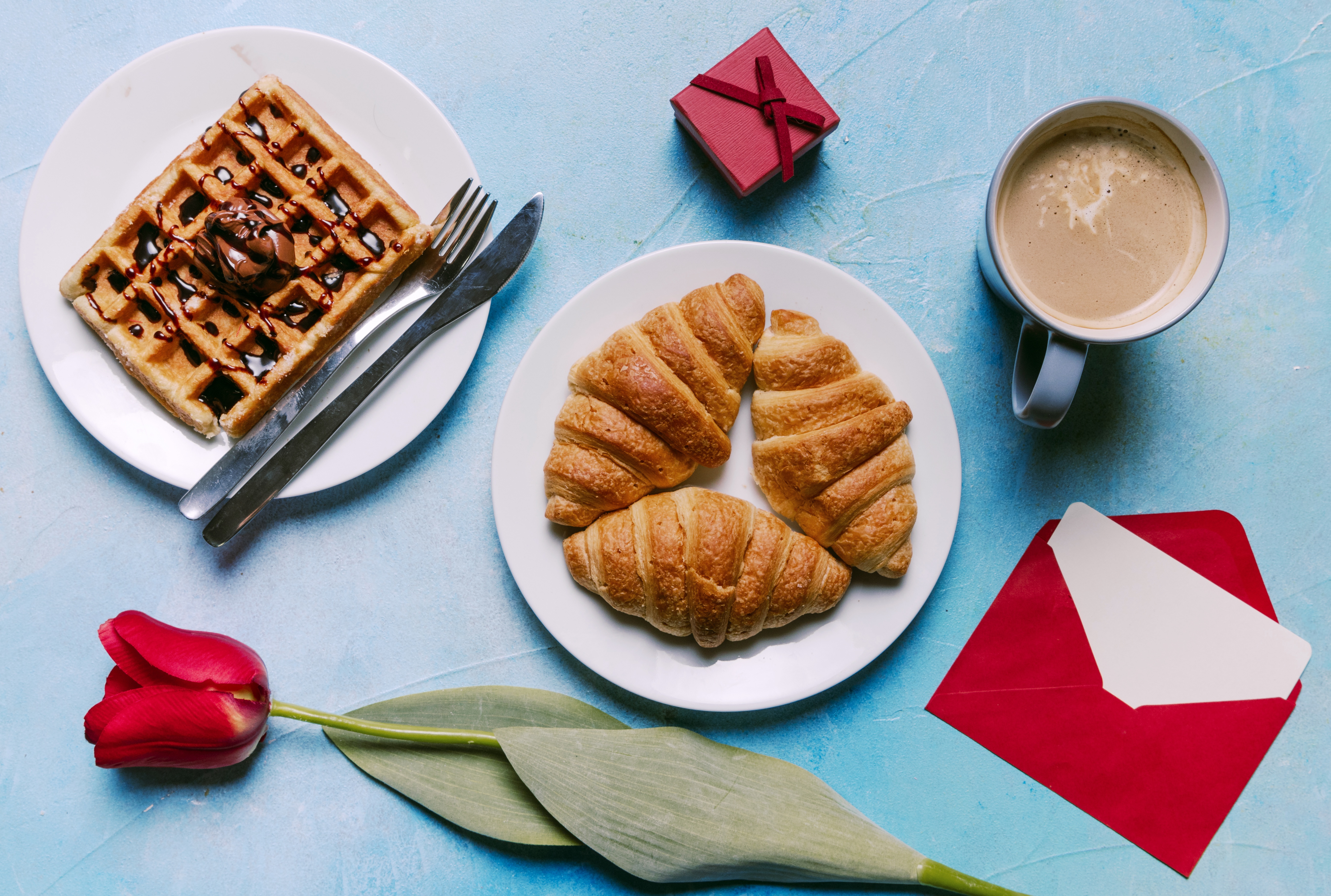 Free download wallpaper Food, Coffee, Still Life, Tulip, Waffle, Breakfast, Croissant on your PC desktop