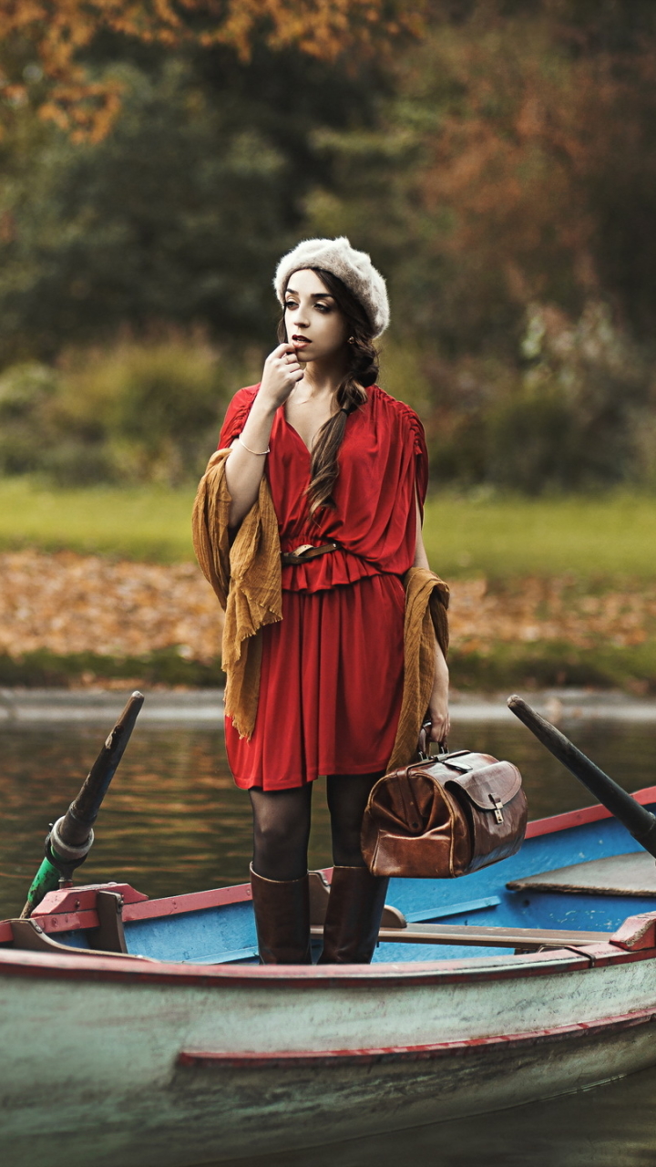 Download mobile wallpaper Fall, Boat, Hat, Brunette, Model, Women, Red Dress for free.