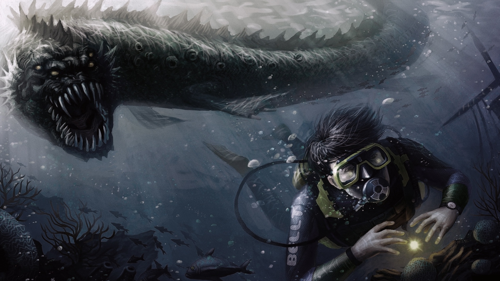 fantasy, monster, sea monster, diving, scuba diver, underwater