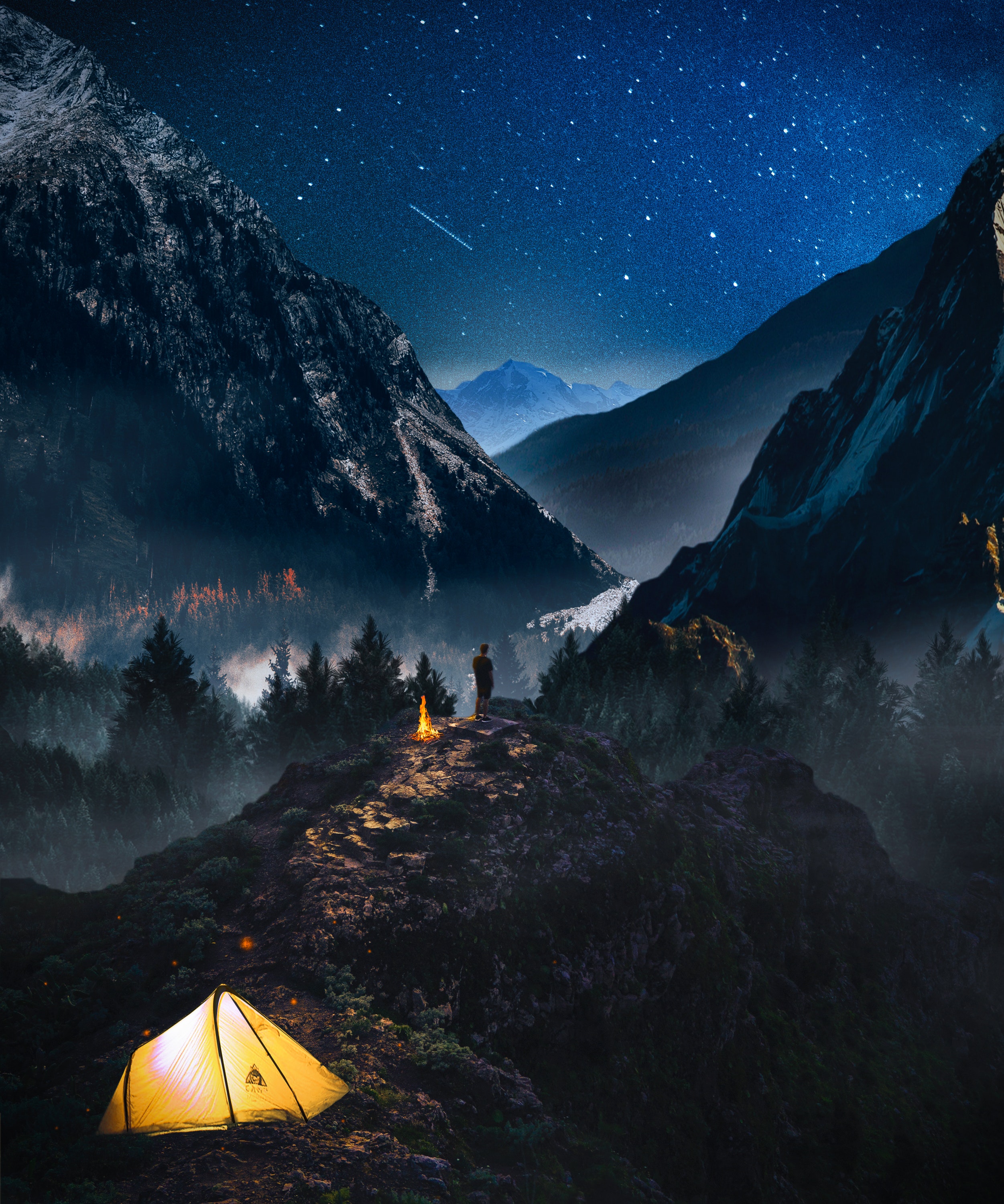 starry sky, loneliness, camping, photoshop, campsite, mountains, nature