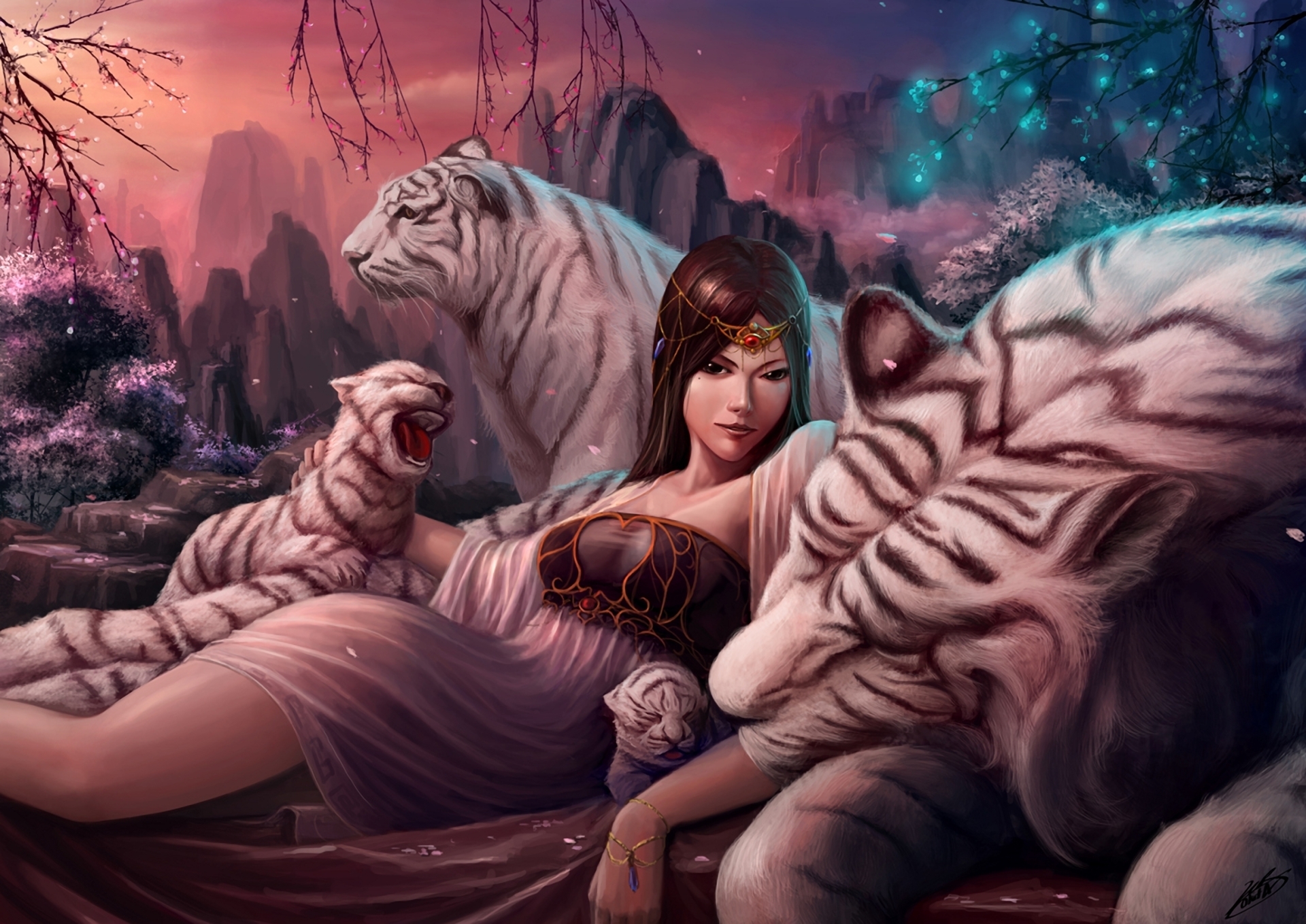 white tiger, fantasy, women, tiger